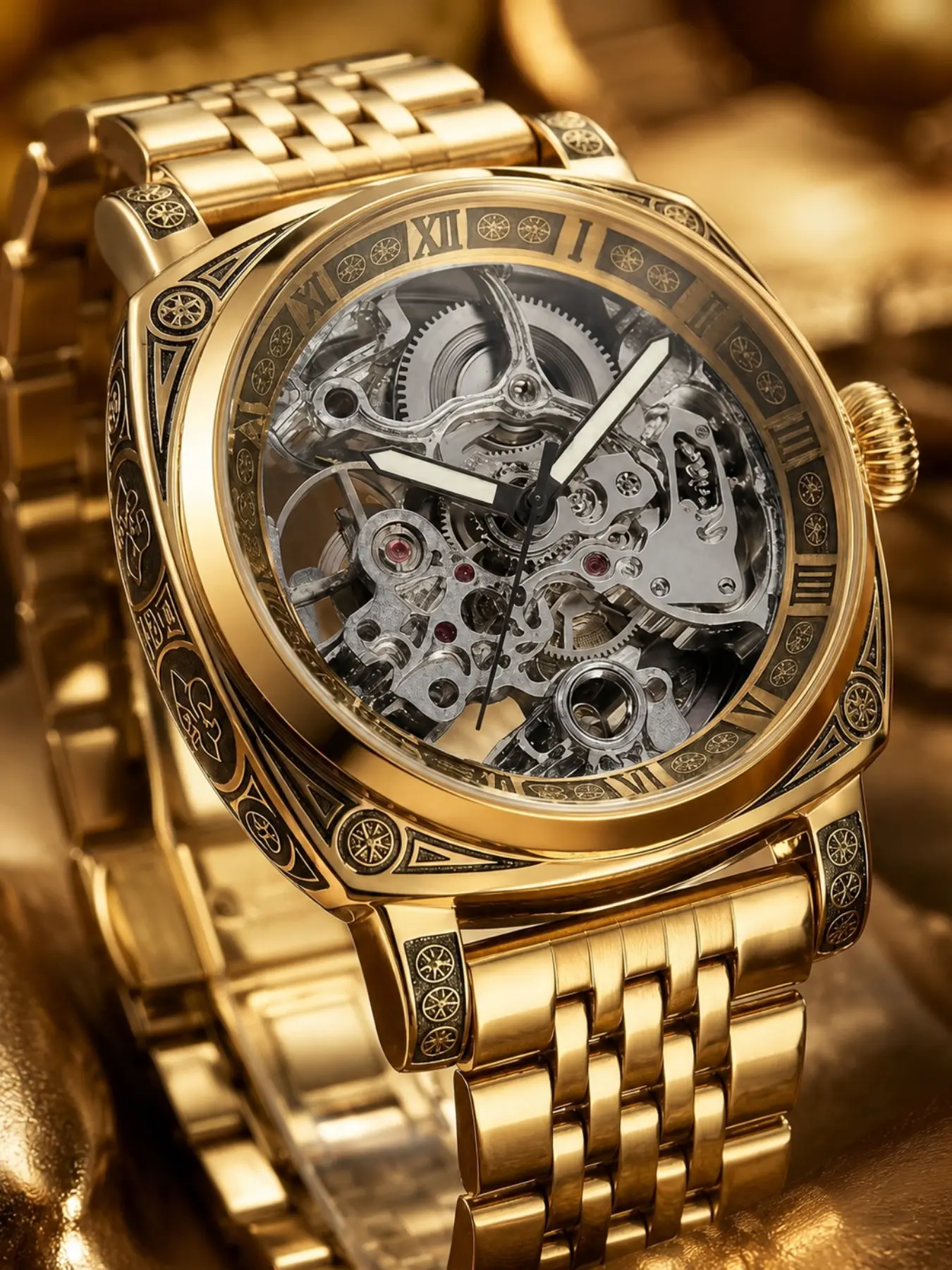 Vintage Engraved Full Open Automatic Mechanical Wristwatch, Round Analog Face, Roman Numerals, Luminous Hands, Solid Pattern