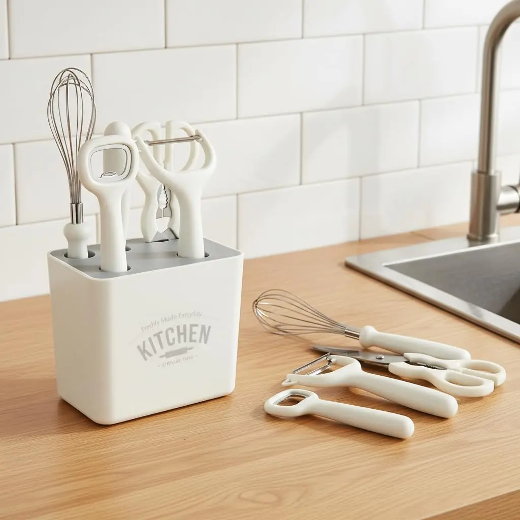 Stylish 6-Piece White Stainless Steel Kitchen Utensil Set with Plastic Handles, Storage Block Organizer Caddy, Includes Knives, Peeler, Whisk, Bottle Opener, Scissors