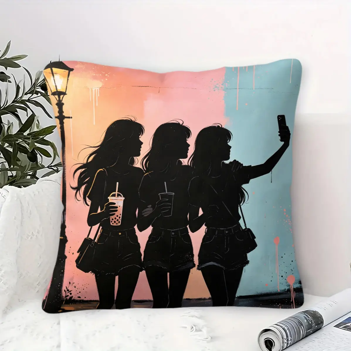 Street Graffiti Throw Pillow With Insert, Multiple Cool Silhouette Prints Cushions, High Saturation Decor Cushion For Living Room Bedroom Home Soft