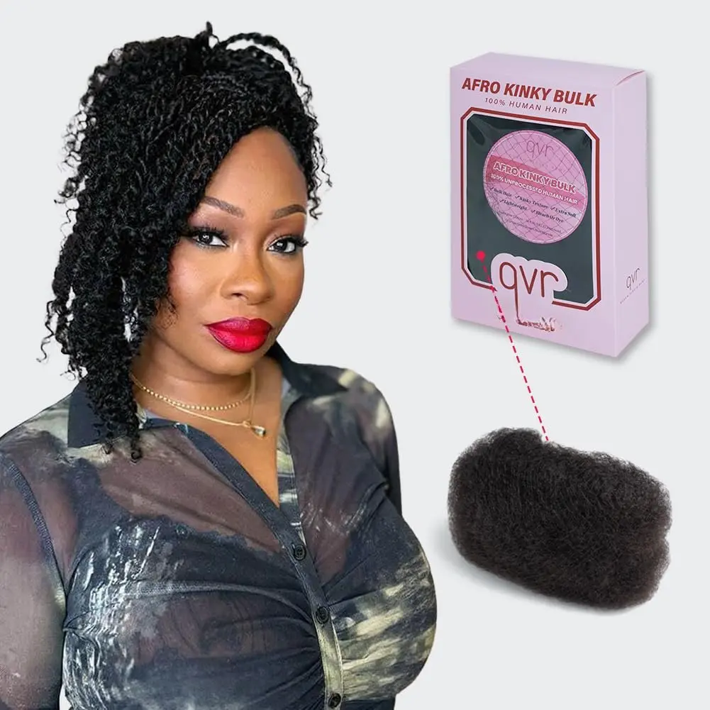 QVR Pro Afro Kinkys Curly Human Hair Bulk for Dreadlock Extensions, Repair  and Mini Twist,  than 80% are Longest Hair  Black 12 inch 50 Grams