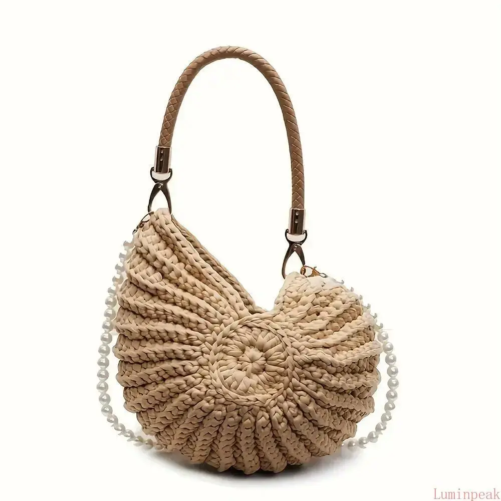 Seashell Bag Handwoven Beach Handbag Shell Purse for Wome Summer Crossbody Satchel with Pearl Strap