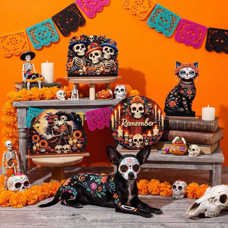 NovoBright 4-Piece Day of the Dead Table Decorations Altar Wooden Centerpiece Sugar Skull Calavera Flower Design for Home Halloween Mexican Party Celebration Gathering