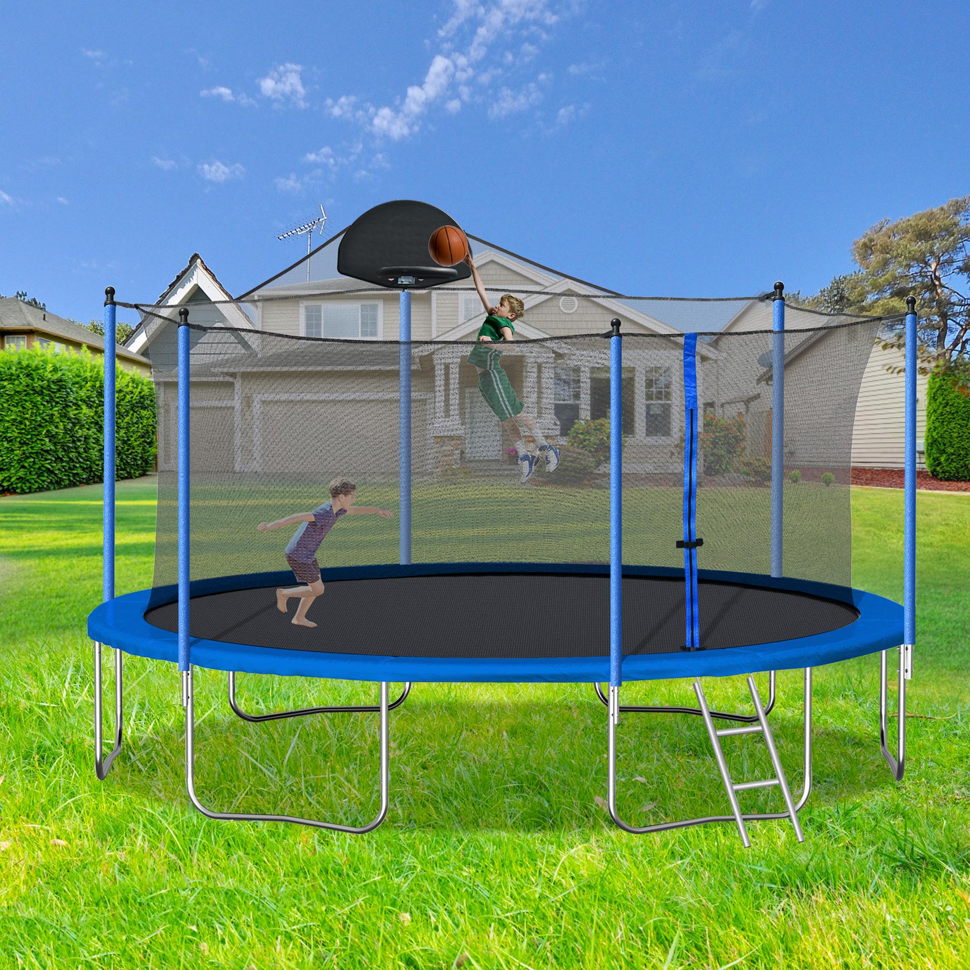 12FT Trampoline with Backboard Full Safety Enclosure Net 5 W-Shaped Legs Galvanized Springs 200LBS Max Load Outdoor Family Recreation Trampoline 141.70x141.70x100.40 Inch
