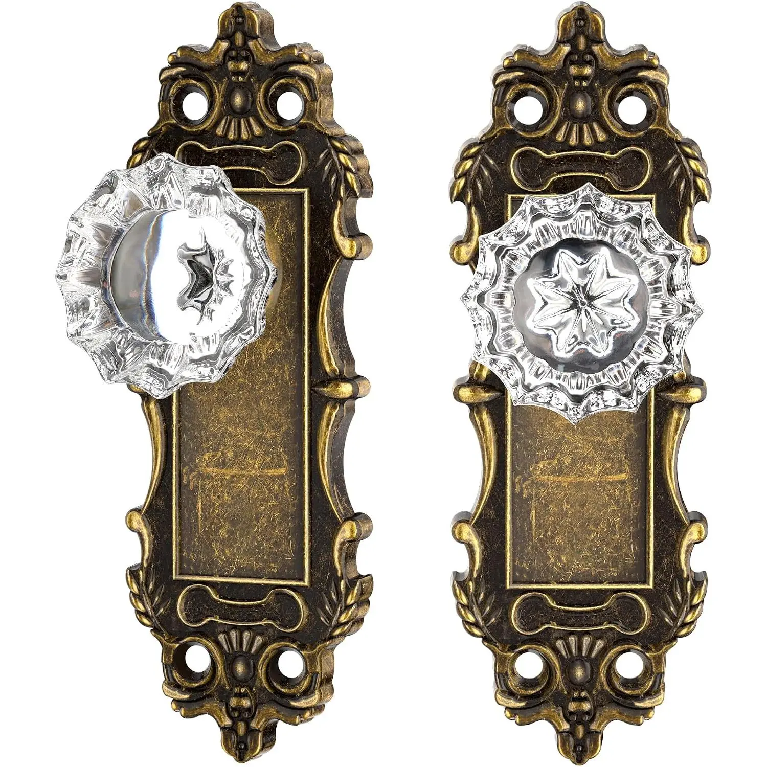2 Pack  Glass Dummy Door Knobs Interior, Antique Brass Bronze | Zinc Alloy Base &  Glass Knob, Door Knob Fits Pantry Door Hallway Closet, Screws Included