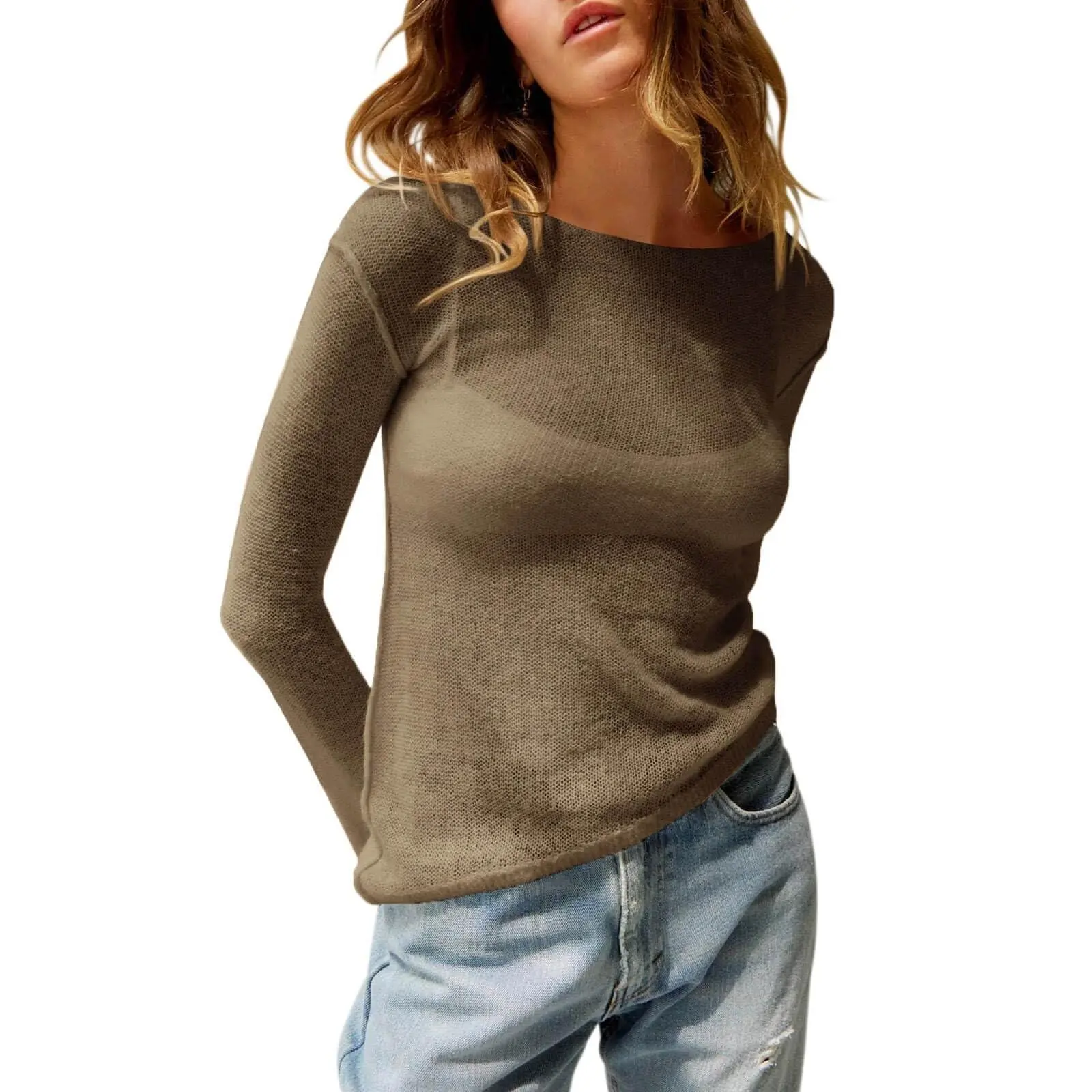 Tankaneo Womens Boat Neck Shirts Long Sleeve Lightweight Knit Pullover Sweaters Casual Sheer Blouse Tops Elegant Womenswear Day Knitwear