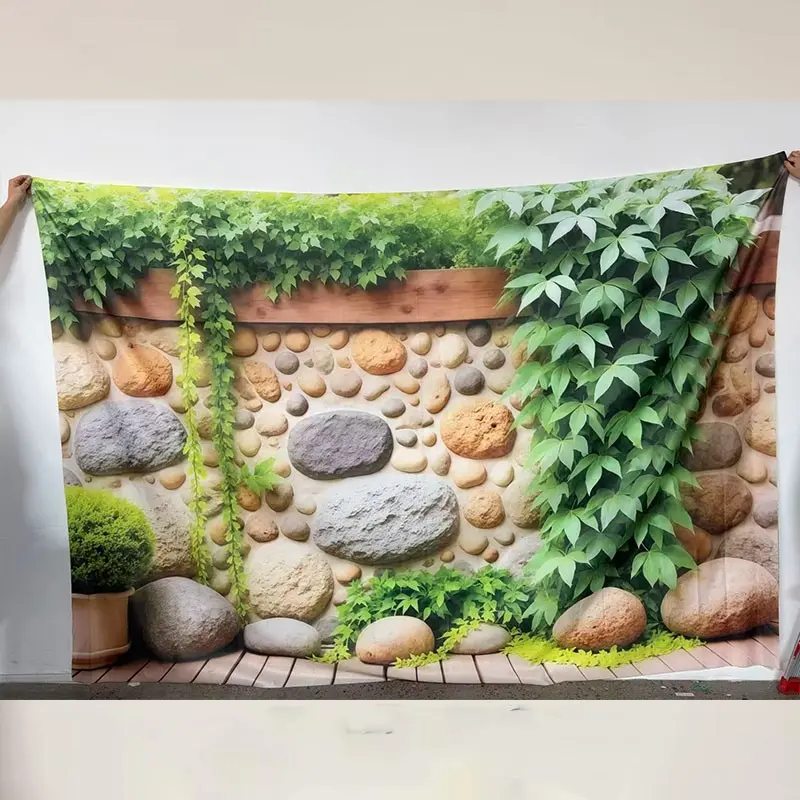 Outdoor Garden Decor Banner, Rustic Wooden Top & Ivy Background, Natural Stone Deck & Potted Shrubs, Smooth Round Stones Highlight Plants