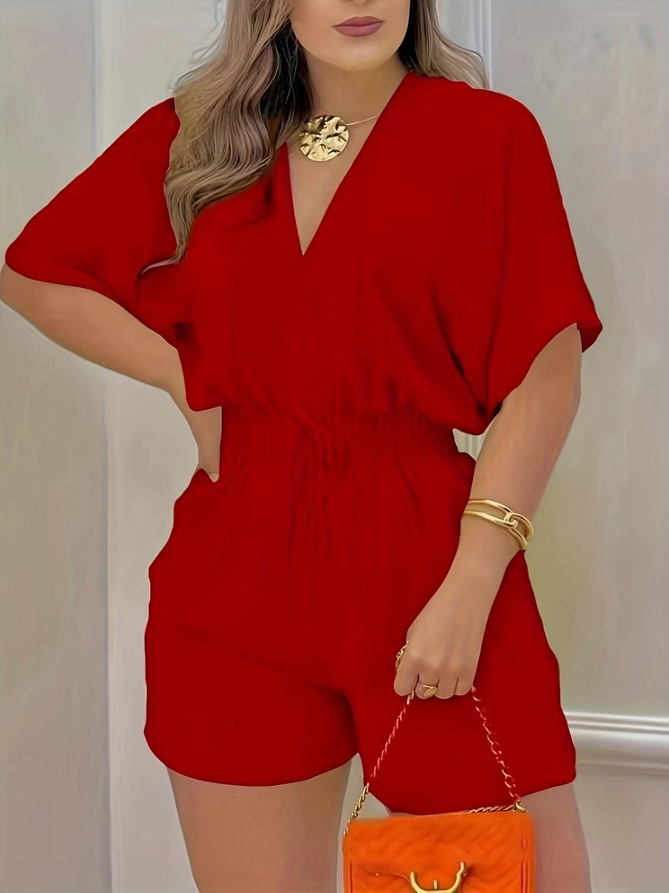 Women's Plain Drawstring Shirred Waist Fitted V Neck Romper, Casual Half Sleeve Zipper Back High Waist Romper for Summer, Fashion Women's Clothing for Daily Wear Womenswear Lady