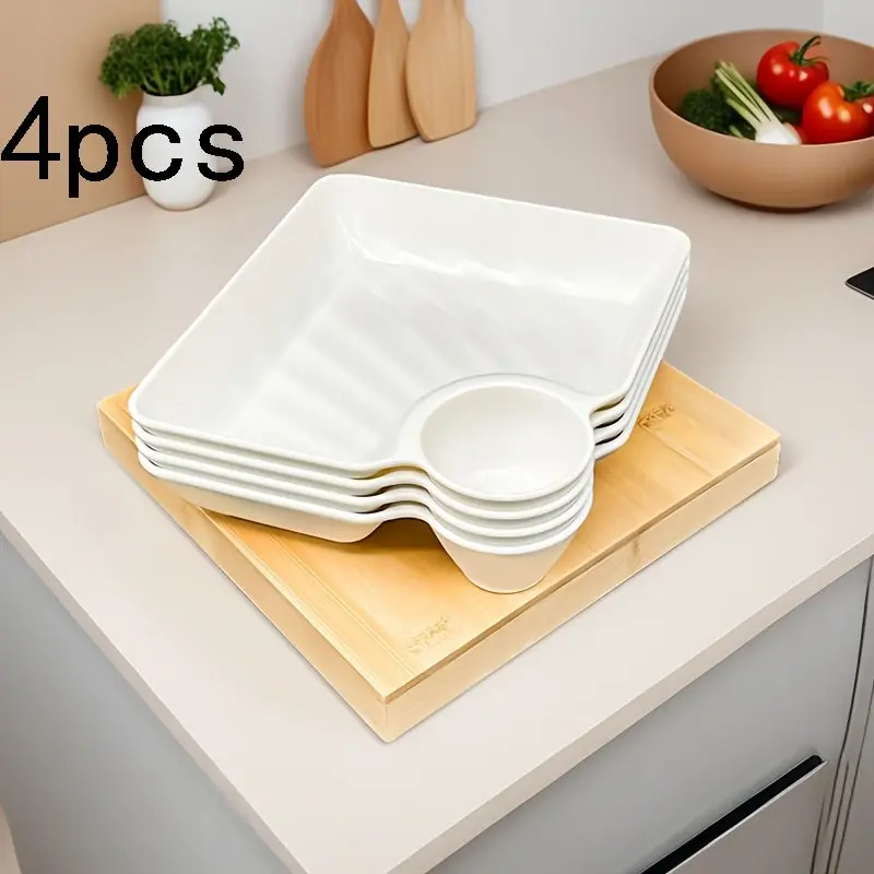 4-Piece Separated Snack Tray Set, Plastic Sushi/snack Dip Dish, Microwave & Dishwasher Safe, Ideal for Kitchen, Restaurant, Outdoor, Dorm, Snack Plates