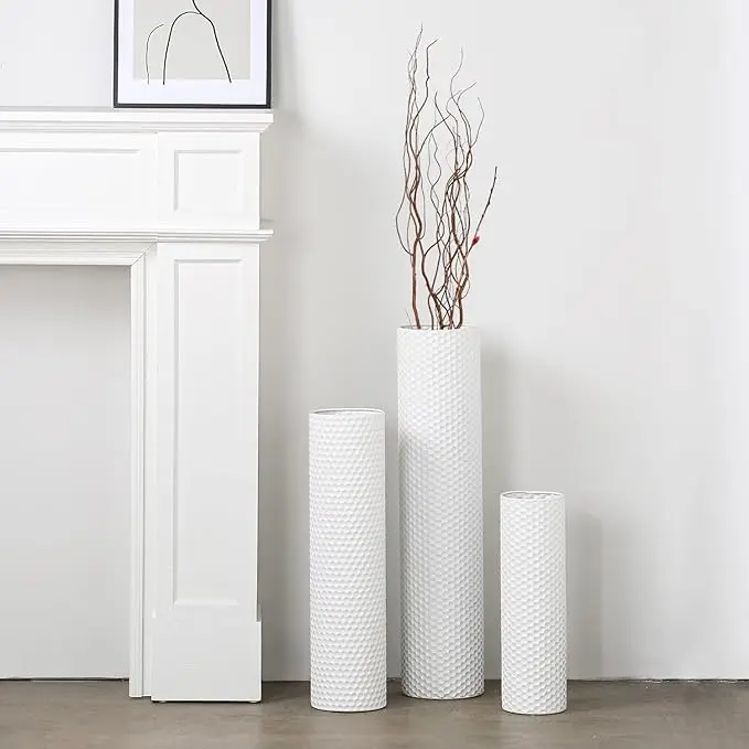 Tall Floor Vases Set of 3 - White Metal Cylinder Vases for Living Room Corner, Modern Honeycomb Texture, Extra Large Standing Decor (Tallest 27.6in, Home Bedroom Dining Decor)