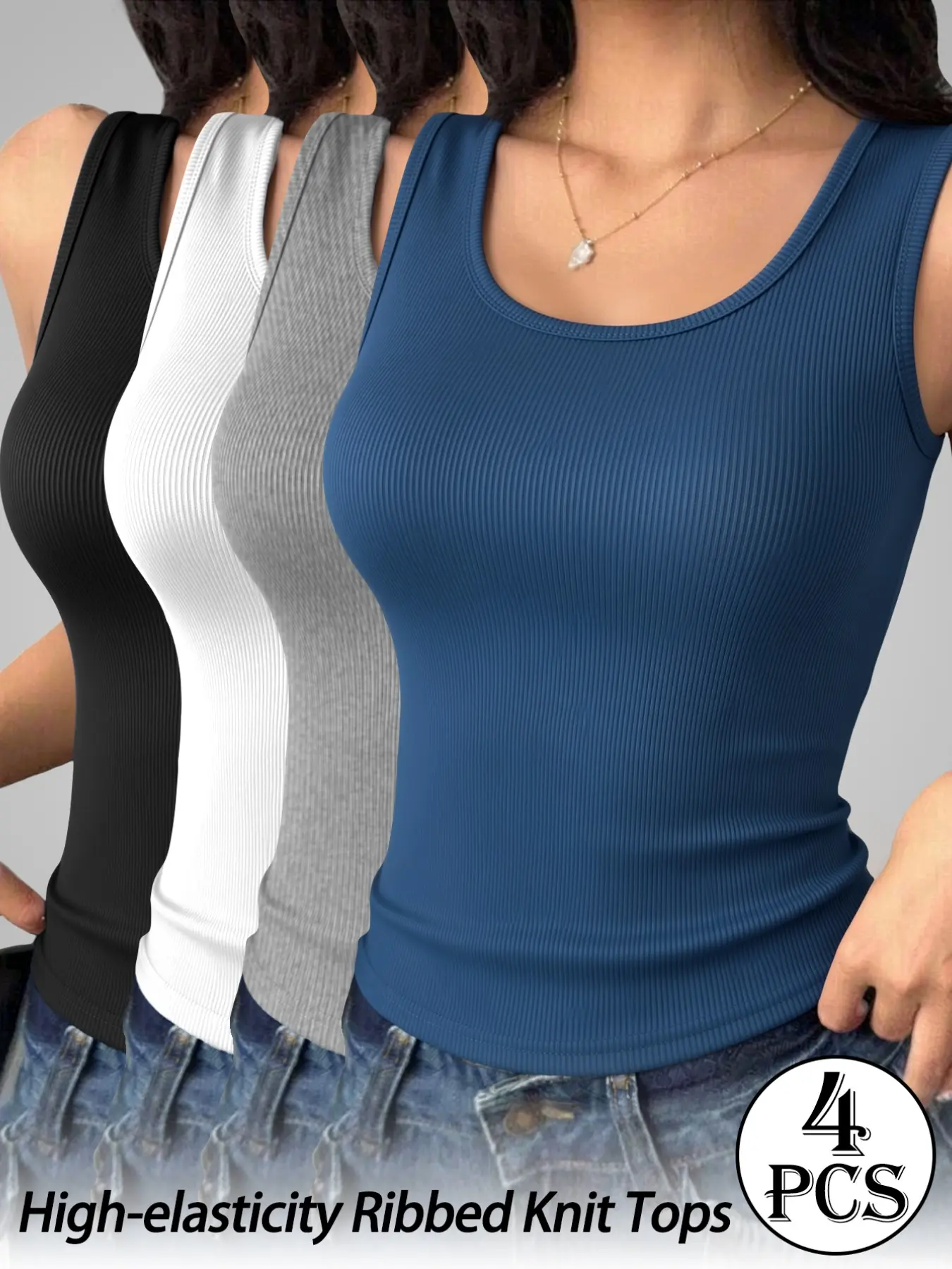 A 4-pack of women's ribbed tank tops featuring a strappy open-back design, a round neck, and a slim, high-stretch, form-fitting cut; a versatile, casual layering piece suitable for fitness, yoga, and everyday wear.