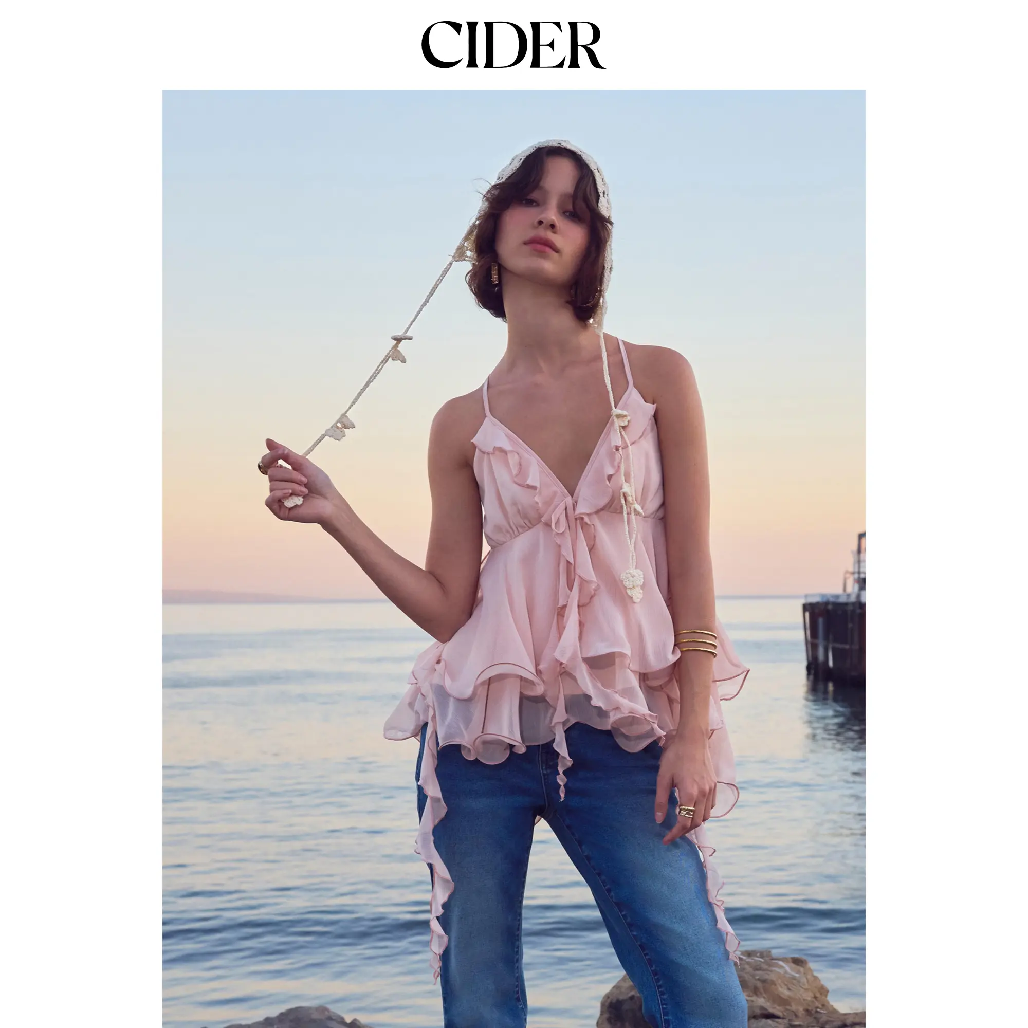 Cider Chiffon V-neck Ruffle Hem Layered Blouse SummerWins SummerFinds