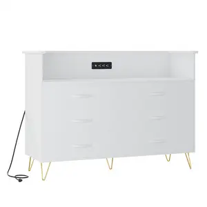 Modern 6 Drawer Dresser with LED Lights & Charging Station – Wide Wooden Storage Chest, USB Port, Sturdy Steel Frame, Easy Pull Handles, Perfect for Bedroom, Living Room, Entryway