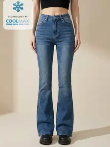 Women's Plain Button High Waist Flare Leg Stretchy Fit Medium Flared Jeans, Casual Fashion Bell Bottom Denim Pants for Daily Outdoor Wear, Women Bottoms for Fall & Winter