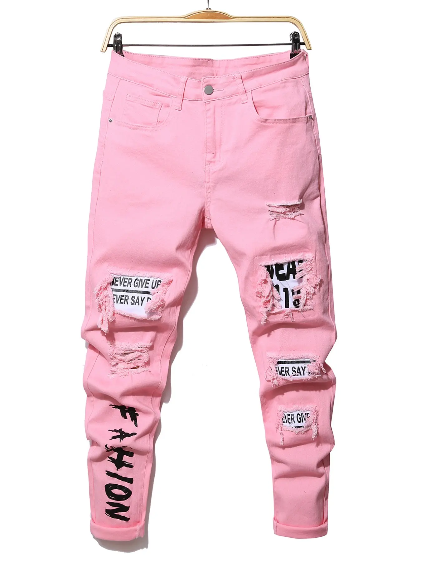Men's Street Style Fashion Letter Print Ripped Jeans, Patchwork Distressed Washed Slim Fit Long Pants, Casual Loose-Fitting Denim
