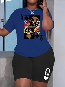 Casual Fashion Queen of Spades Poker Print Letter Graphic Black Short Sleeve Tee & Shorts Set Sporty Trendy Two Piece