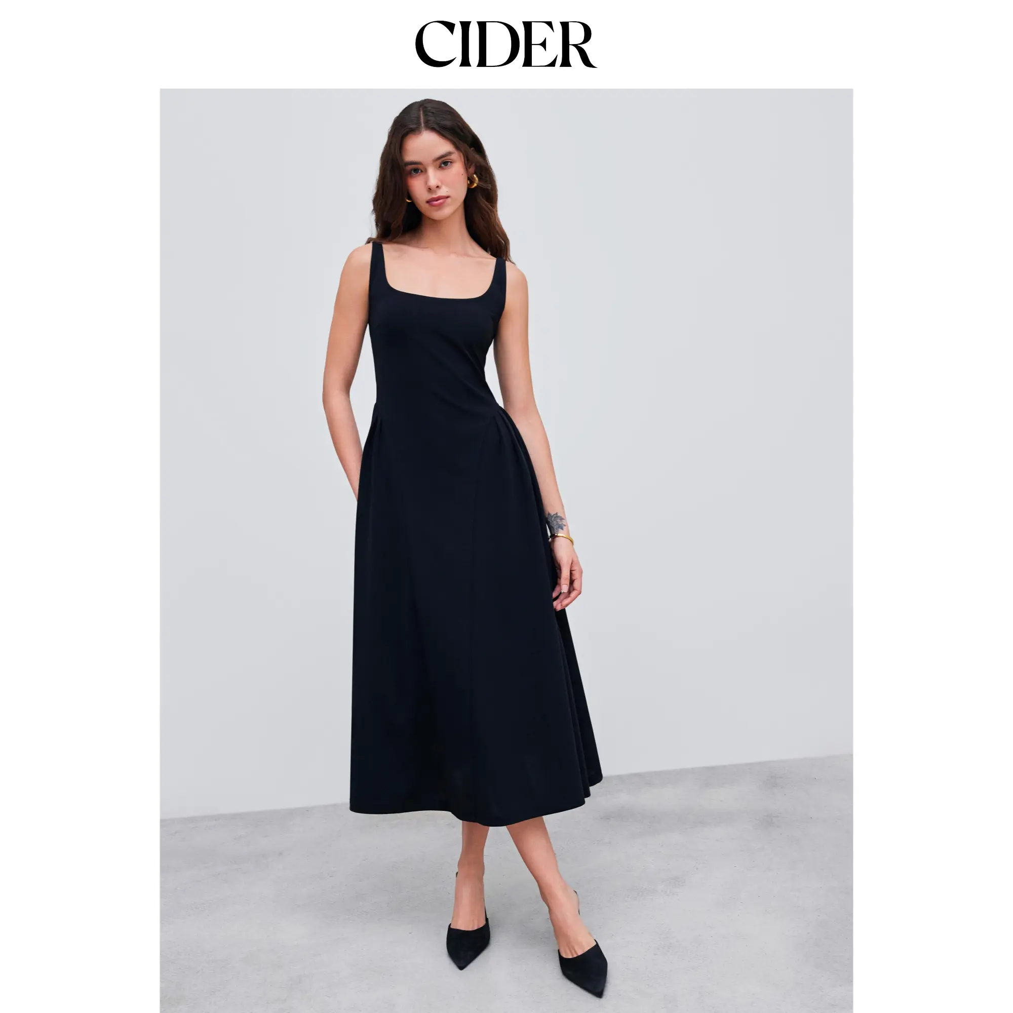 Cider Woven Square Neck Solid Midi Dress SummerFinds