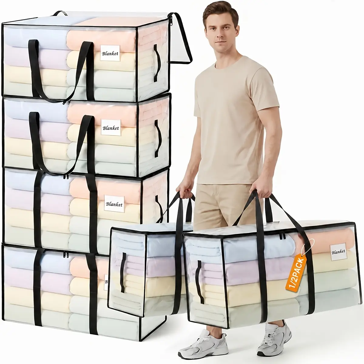Contemporary Polyester Heavy-Duty Foldable Transparent Storage Box - Zippered Bag with Reinforced Handles, Label Pocket, Space-Saving Under-Bed Container for Home Organization, Moving, Portable Travel Supplies