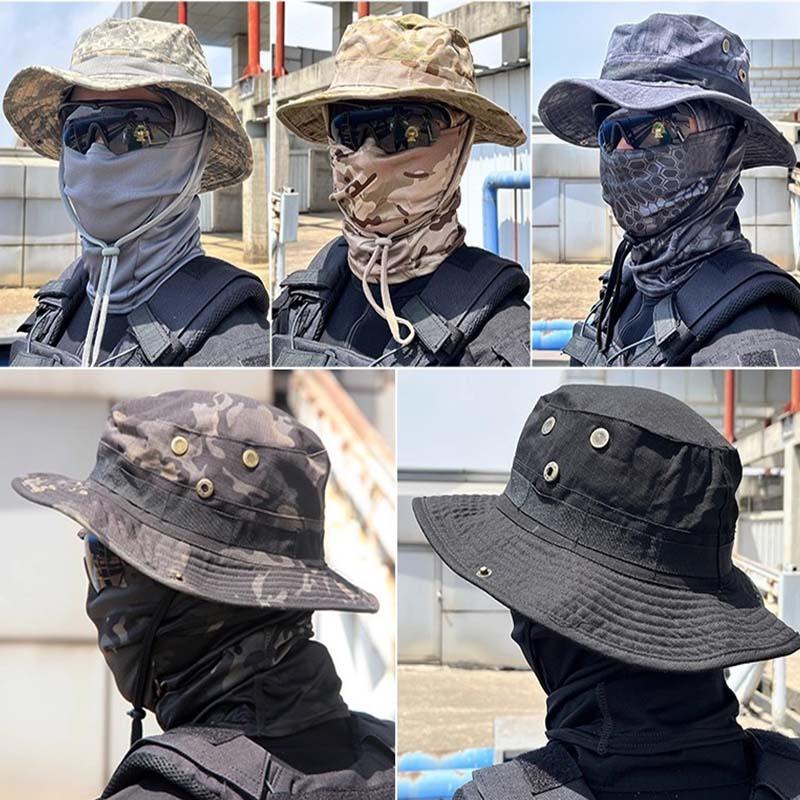 Men's Camouflage Hat and Wide Brim Cap Set, UV Protection Tactical Fisherman Hat, Outdoor Sports Hiking Camping, Casual Style