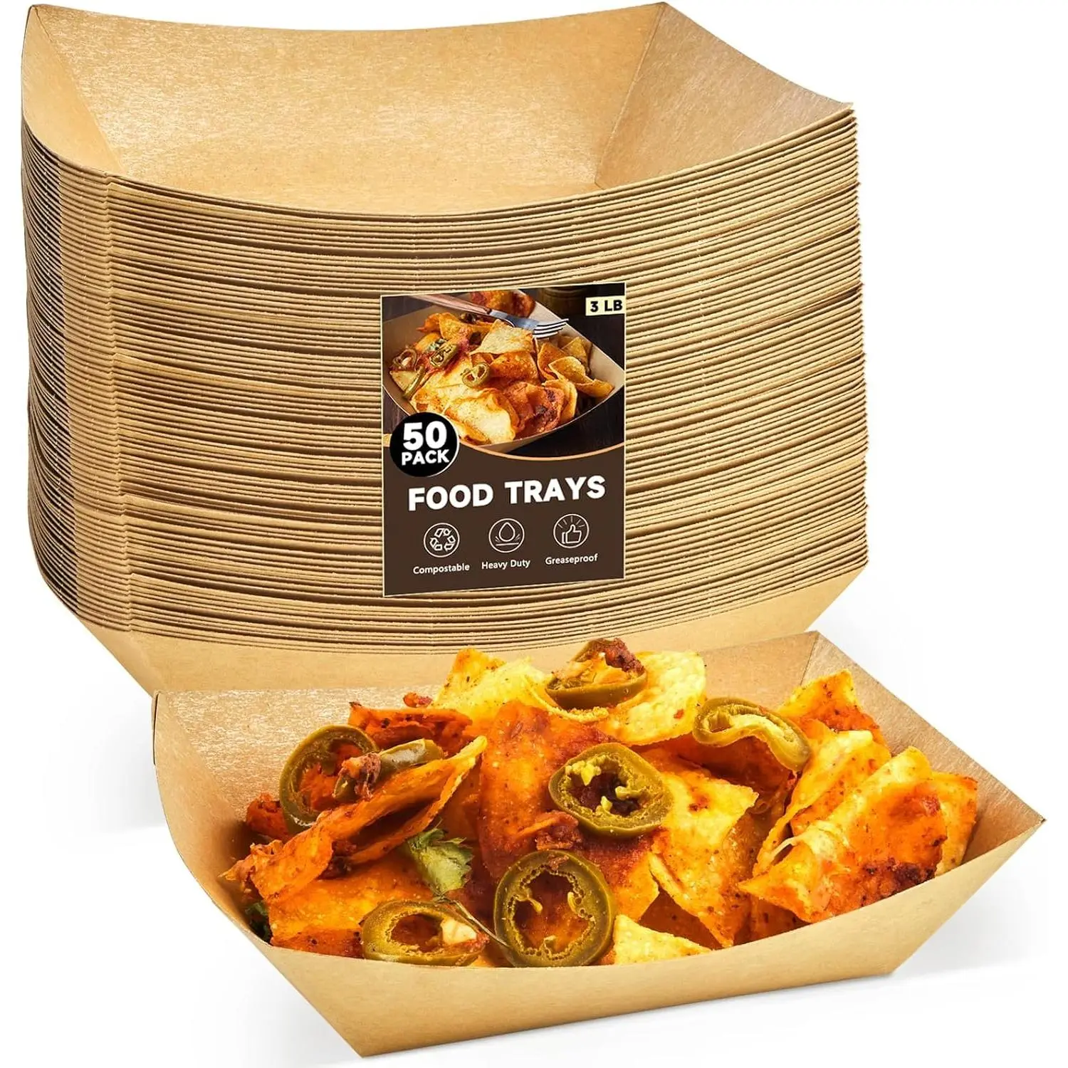 50 Pack 3 Lb Paper  Trays | Disposable,  Paper, Nacho Trays,  , Taco Holders, Party Serving Baskets, For Hot Dogs Snacks Tacos Fries