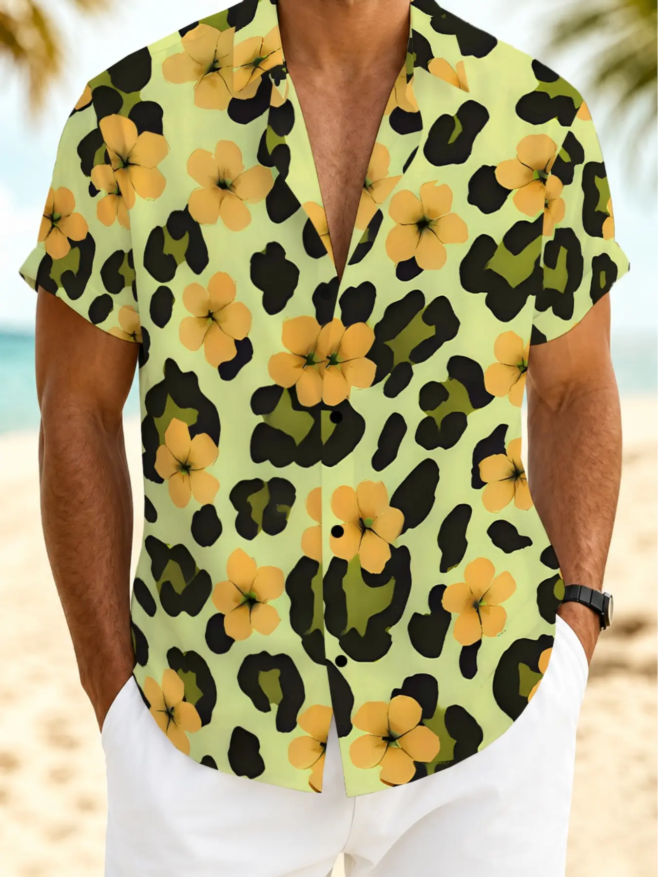 High-Quality Leopard Print Floral Patchwork Short Sleeve Shirt, Men's Casual Printed Shirt, Street Fashion, Comfortable Fit, Daily Wear