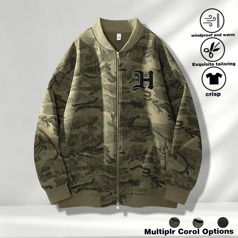 American retro camouflage baseball uniform unisex letter embroidery loose zipper cardigan trendy pilot jacket