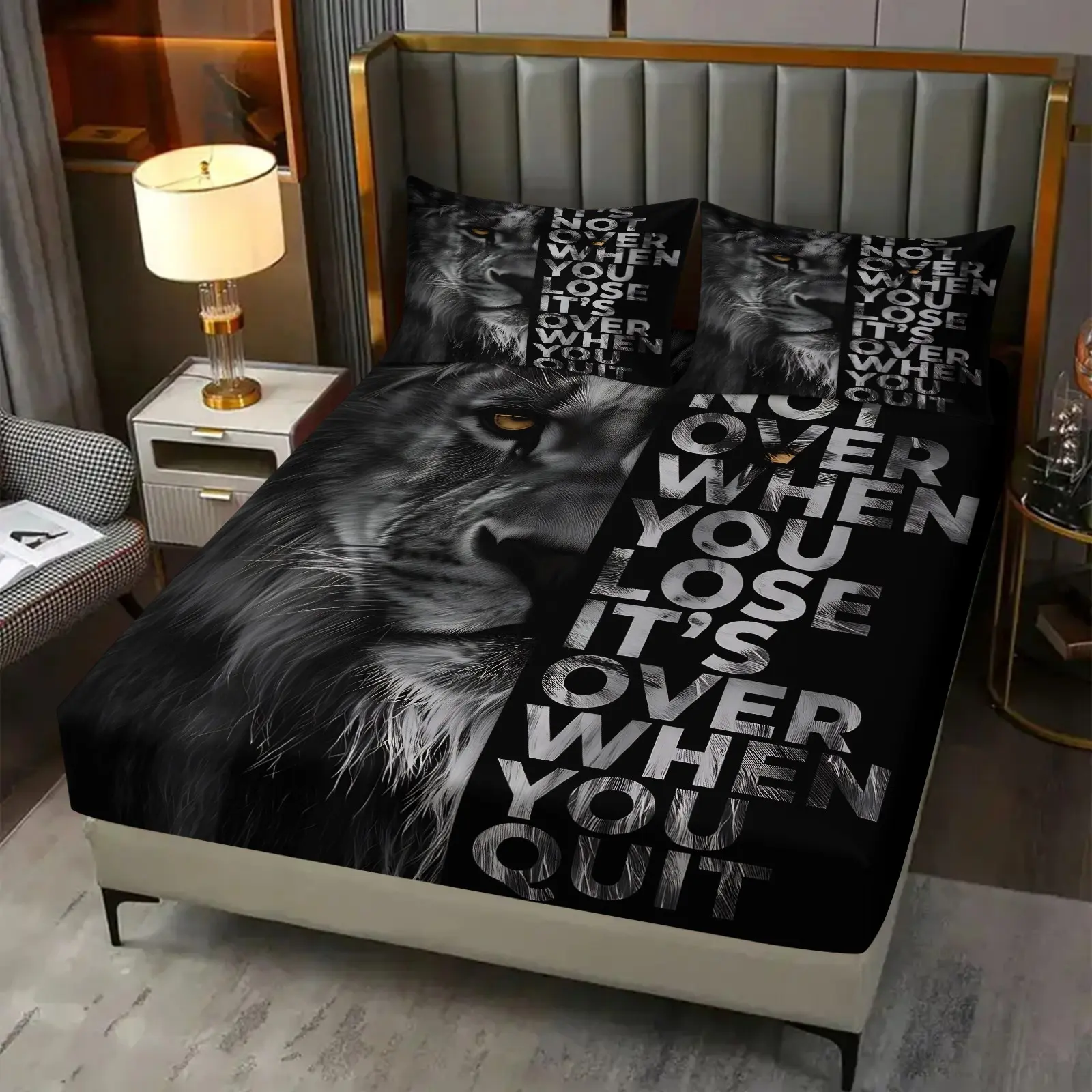 Inspirational Slogan & Lion Pattern Fitted Sheet Set & 2 Coreless Pillowcases, Minimalist Dark Bedding, Skin-friendly Breathable Fabric With Deep Pocket Anti-slip Design, Ideal Success-themed Bedroom Decor For Men, Heartfelt Gift For Guys, Teen Boys