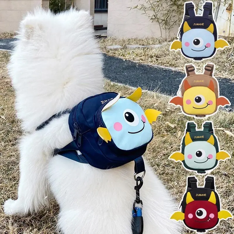 Cartoon Dog Backpack Harness with Built-in Poop Bag Dispenser Adjustable Strap Dogs Snack Bag With D-ring Pets Walking  Backpack