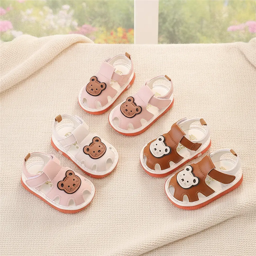 Baby Boys' & Girls' Squeaky Shoes, Cute Bear PU Leather Summer Sandals with Non-Slip Sole, Adjustable Strap for First Walkers