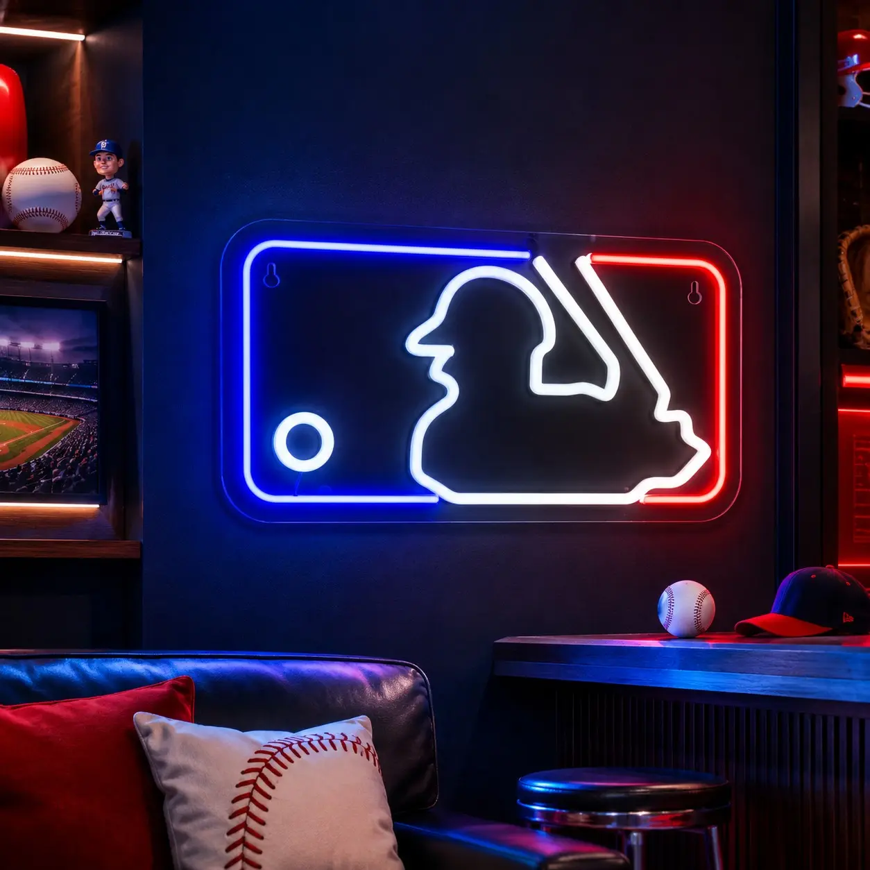 1pc Baseball Batter Neon Sign, Pro Baseball Style LED Wall Light, Red Blue White Acrylic Hanging Decor, USB Powered Room Lamp for Bedroom, Game Room, Bar, Man Cave, Dorm, Sports Lounge, Gift for Baseball Fans and Team Theme Wall Decor Accent for Home Bars