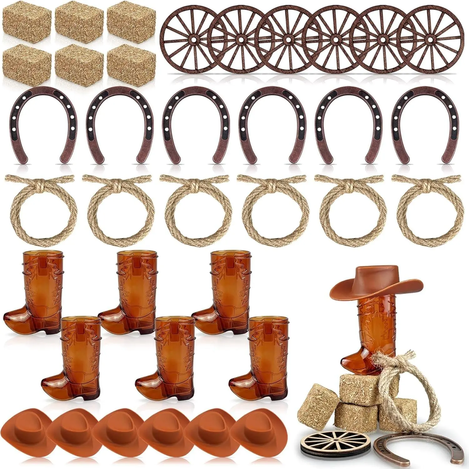 Cowboy Theme Western Party Decoration Set - 42pcs Miniature Plastic Bronze Cowboy Hats & Horseshoes, Hat-Included Gifts for Birthdays, Weddings