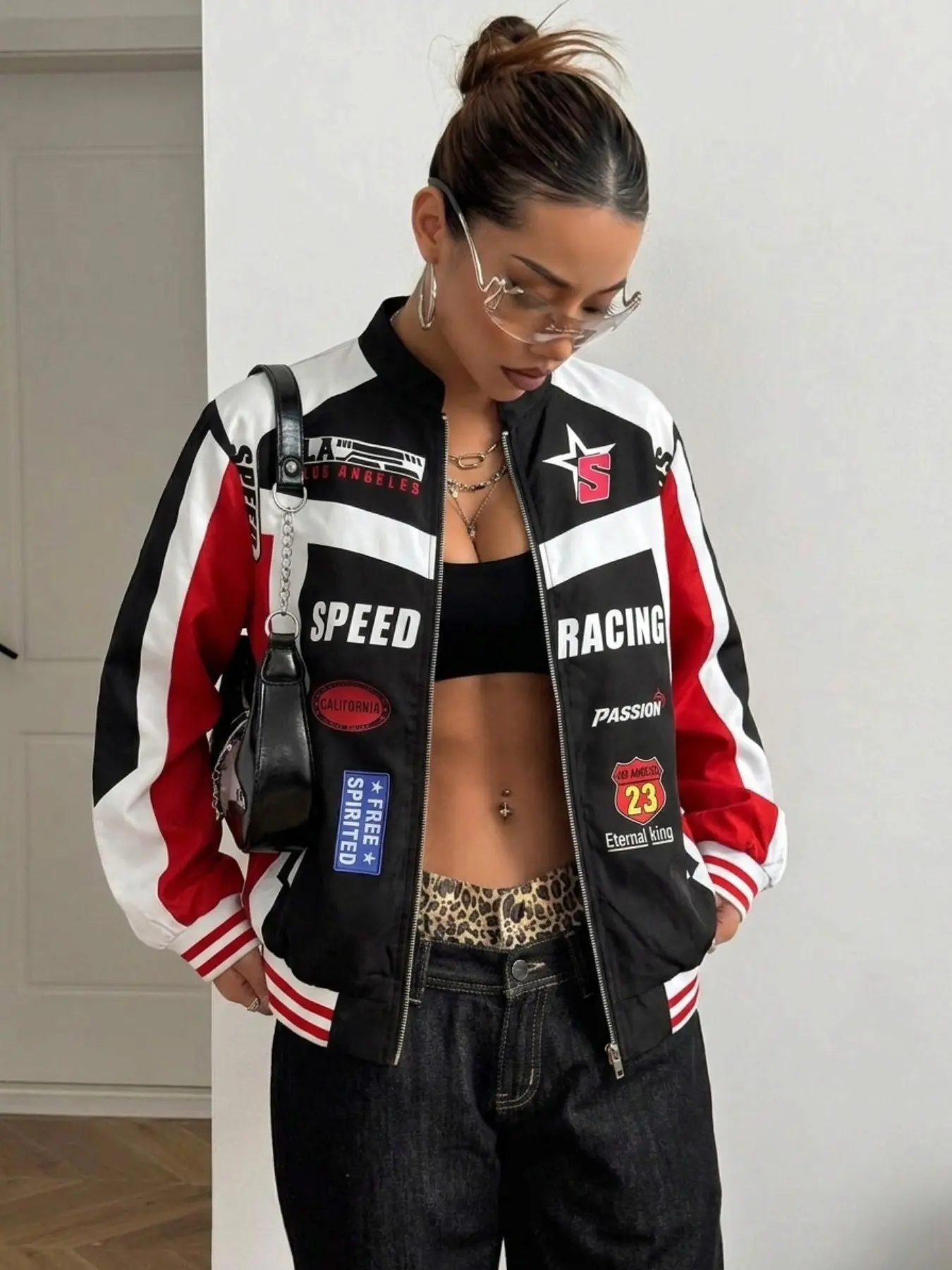Red White Black Patchwork Badge Print Racing Stand Collar Jacket, Women's Motorcycle Coat, Lightweight Windproof Fabric, All Seasons Streetwear