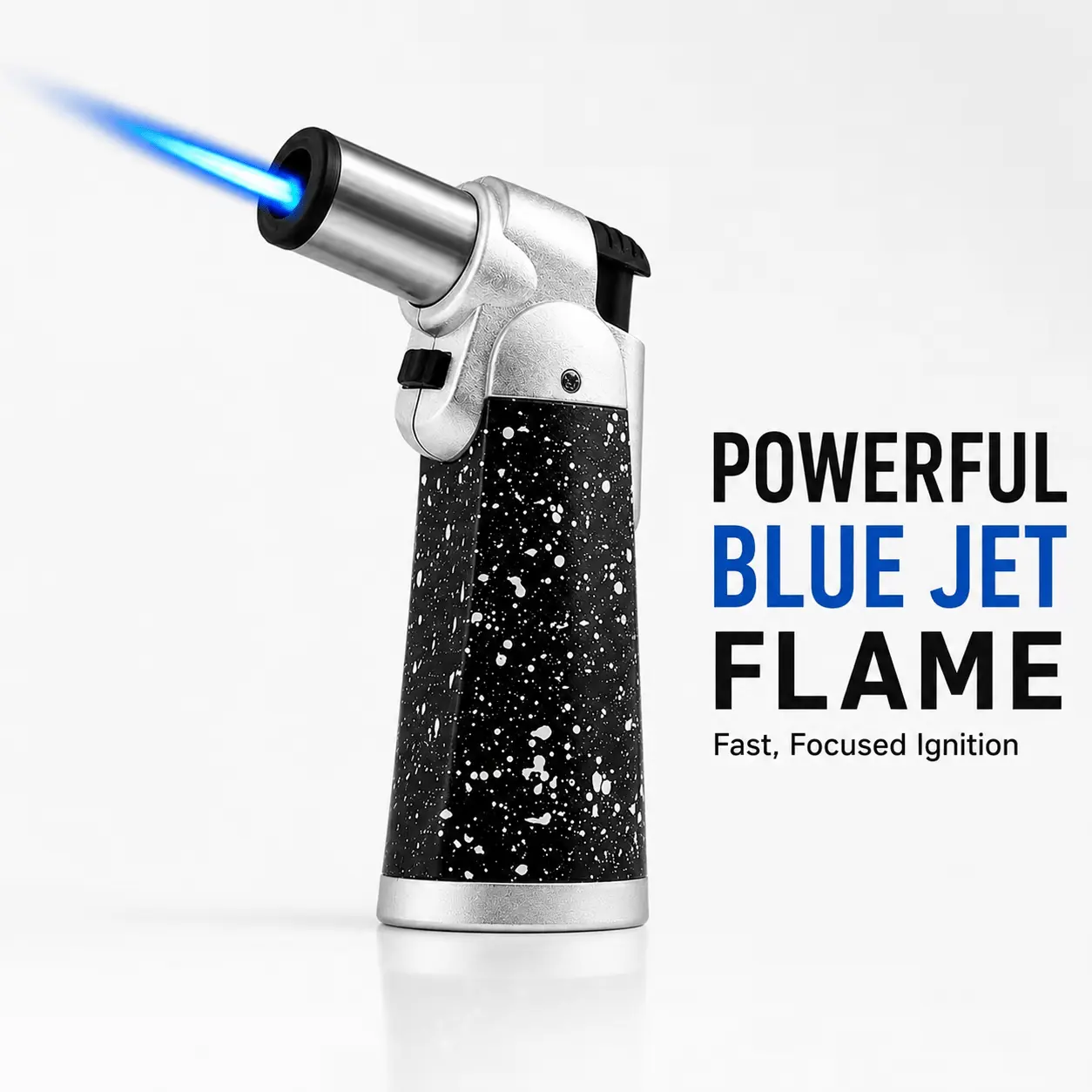 Windproof Butane Torch Lighter (Butane Not Included) Featuring An Angled Nozzle, Powerful Blue Jet Flame, Safety Lock, And Visible Fuel Tank; Refillable And Portable Design Suitable For Cigars, Grilling, Camping, And Kitchen Use; Gift Box Included