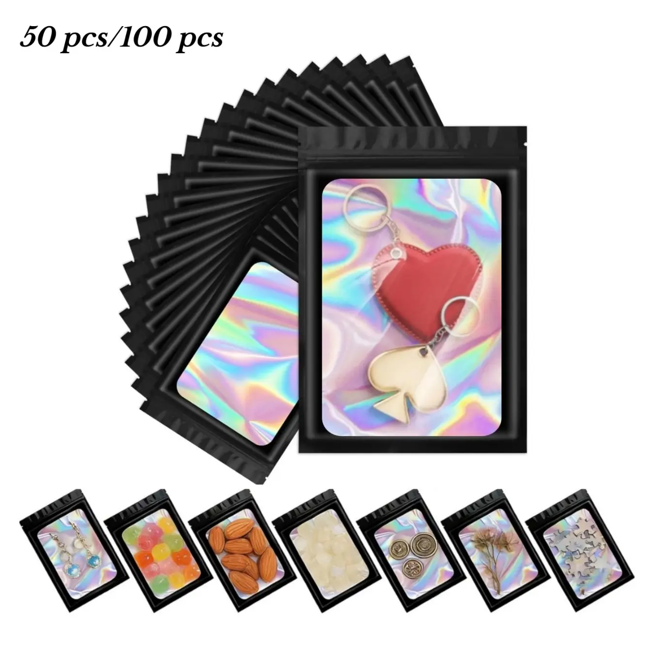 50/100PCS Black Mylar Holographic Resealable Bags, Individual Packaging, Clear Packaging Bag Odor Proof Foil Pouch Bag for Food Storage, Resealable Odor Foil Pouch with Clear Window for Food Storage, Gift Wrapping Bag for Jewelry Lash (3 x 4.7 Inch)