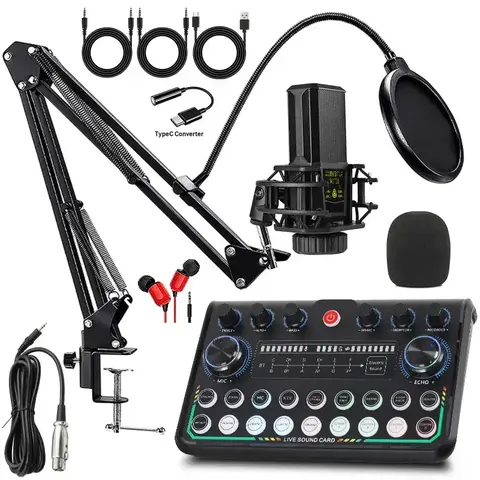 Safring 2026 Upgraded Podcast Equipment Bundle - 4 Customized SE Pro Audio Interface, Audio Mixer, DJ Controller, Guitar Input, Podcast Mic, Windproof Foam Cap, 4 Customized Sound Effects, Plug & Play, Windows Compatible for PC & Laptop Gamer Streaming