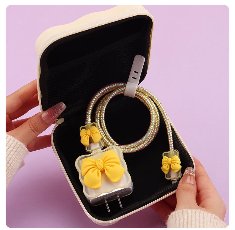 iPhone Charger Cable Protector Set with Cute Pink Bow, Only Compatible with Apple Original 18W/20W Adapter, Anti-Break Data Cable Organizer & Storage Bag for Women Girls (Charger & Cable Not Included)