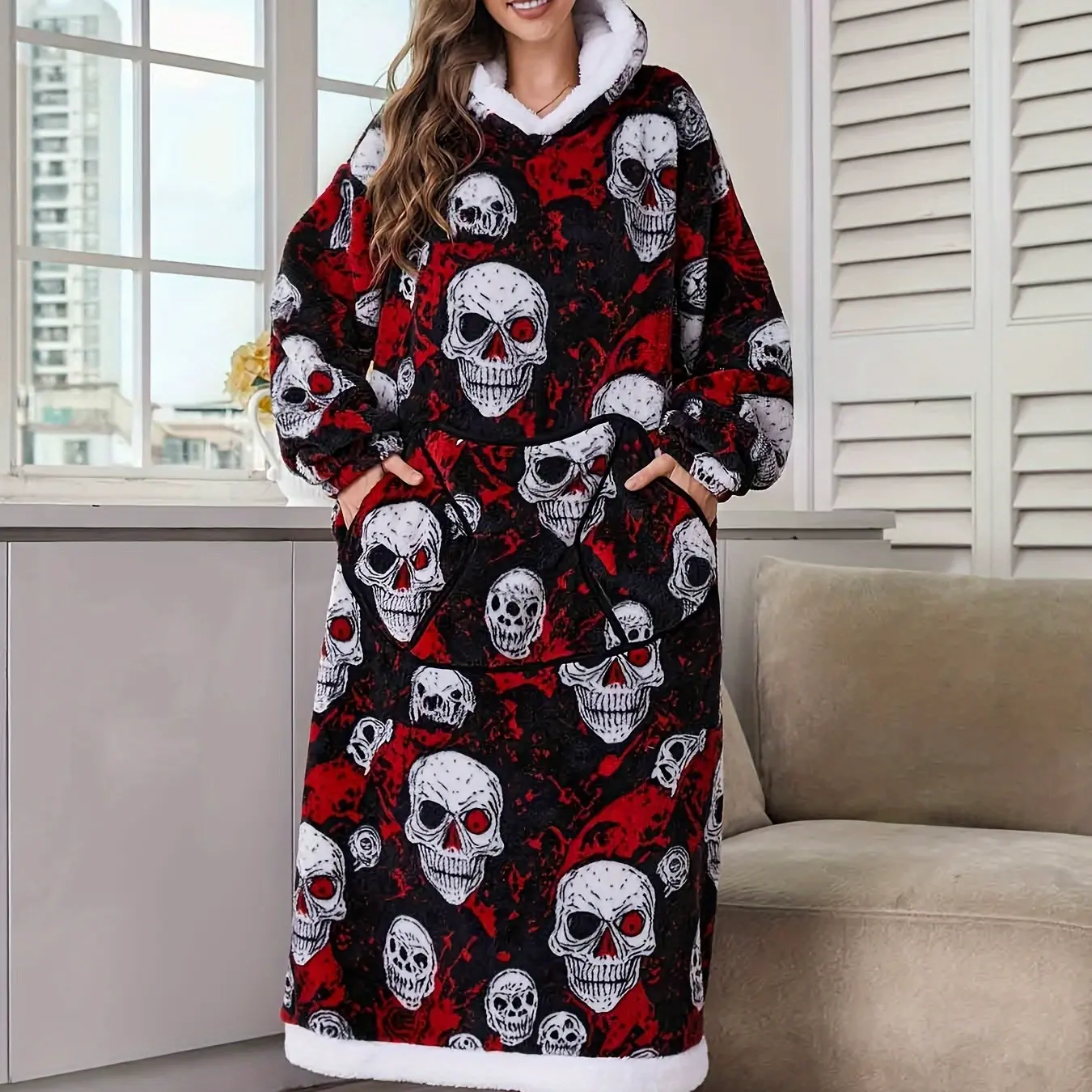 Halloween Skull Print Wearable Blanket, Sleepwear Blanket Hooded, Plus Size Thick Hooded Loungewear, Unisex, Multiple Patterns Available