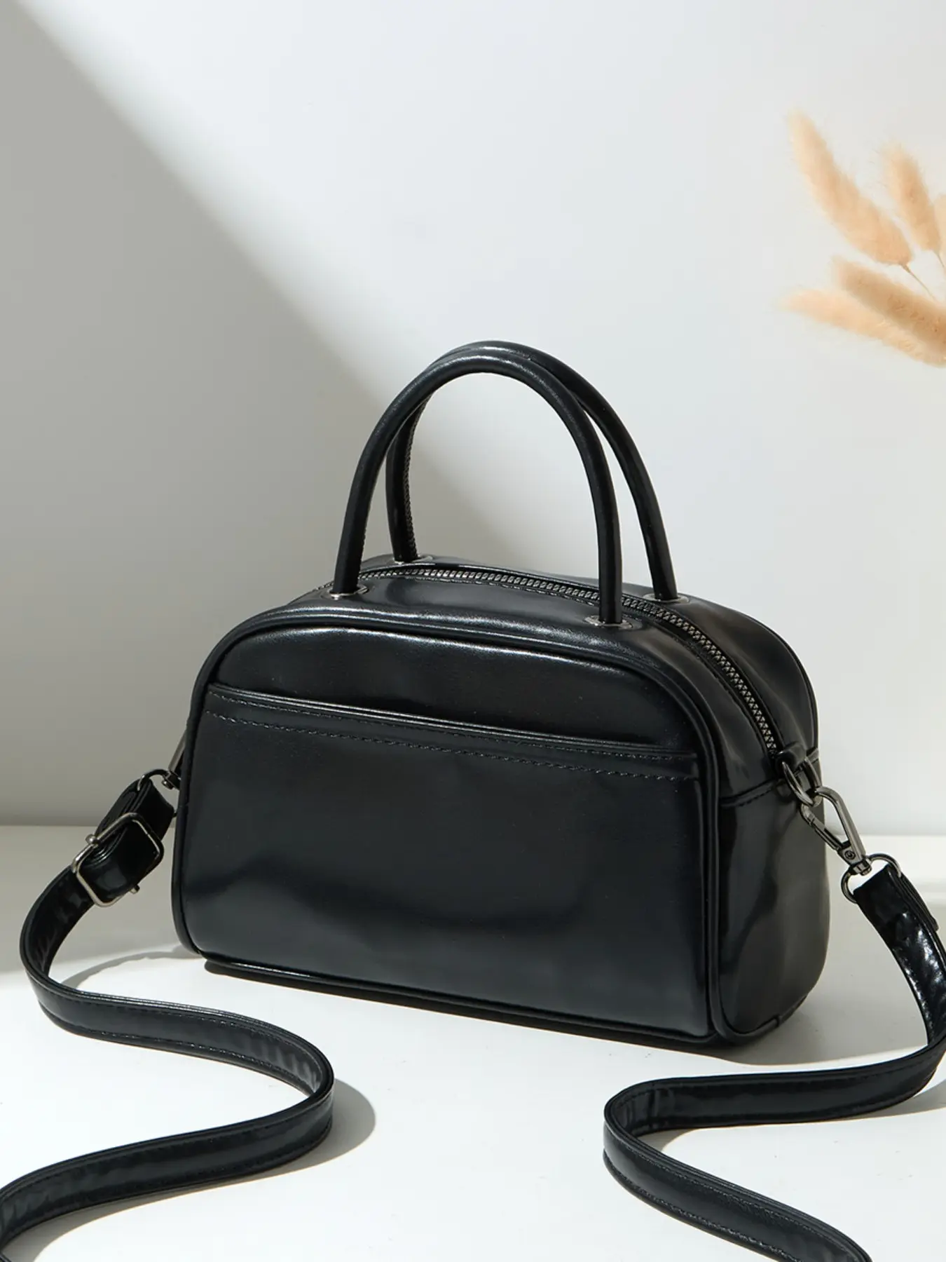 Classic Black Small Top Handle Bag Smooth Faux Leather Crossbody Satchel Versatile Everyday Purse