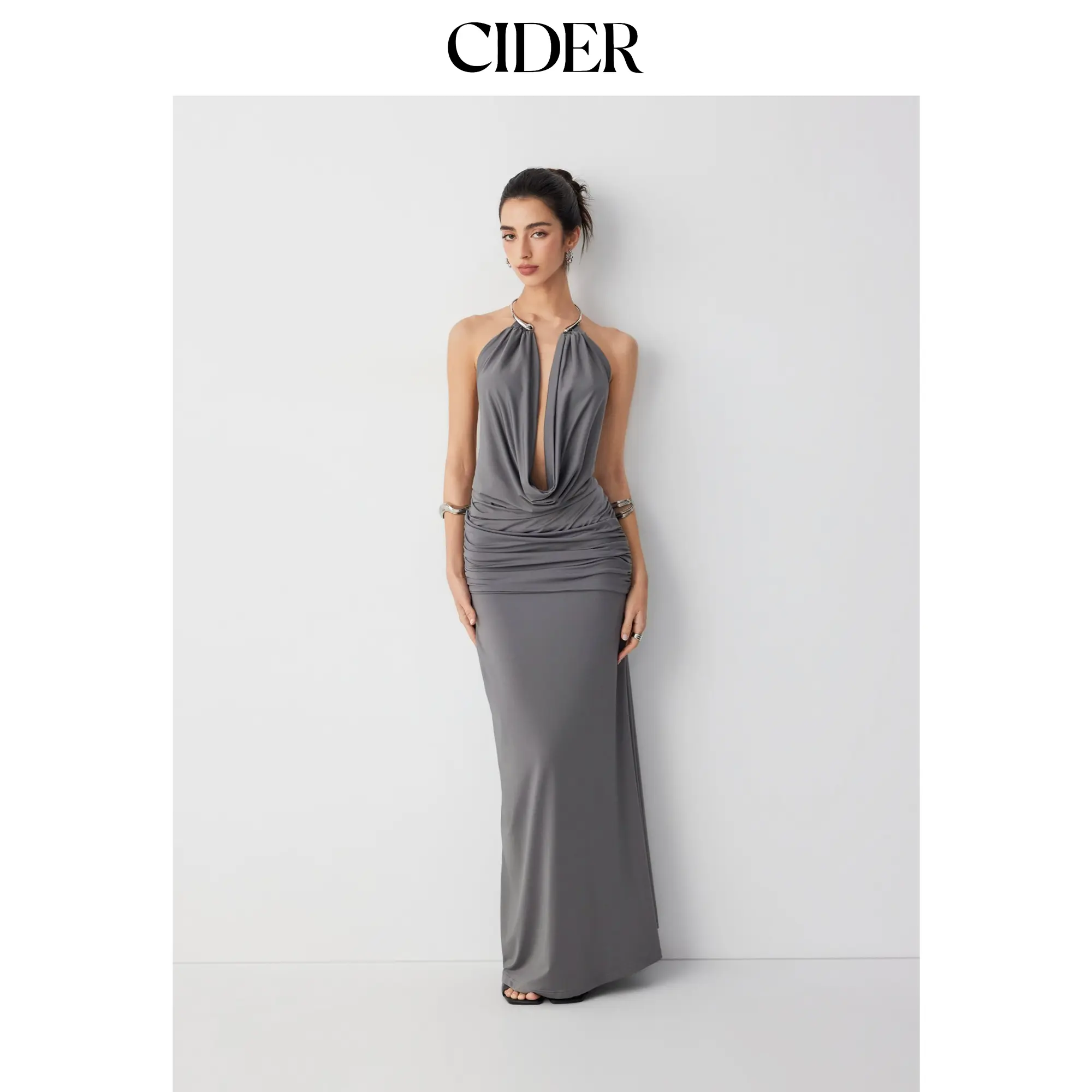 Cider Halter Neckline Ruched Metal Detail Draped Maxi Bardot Dress SohoChic