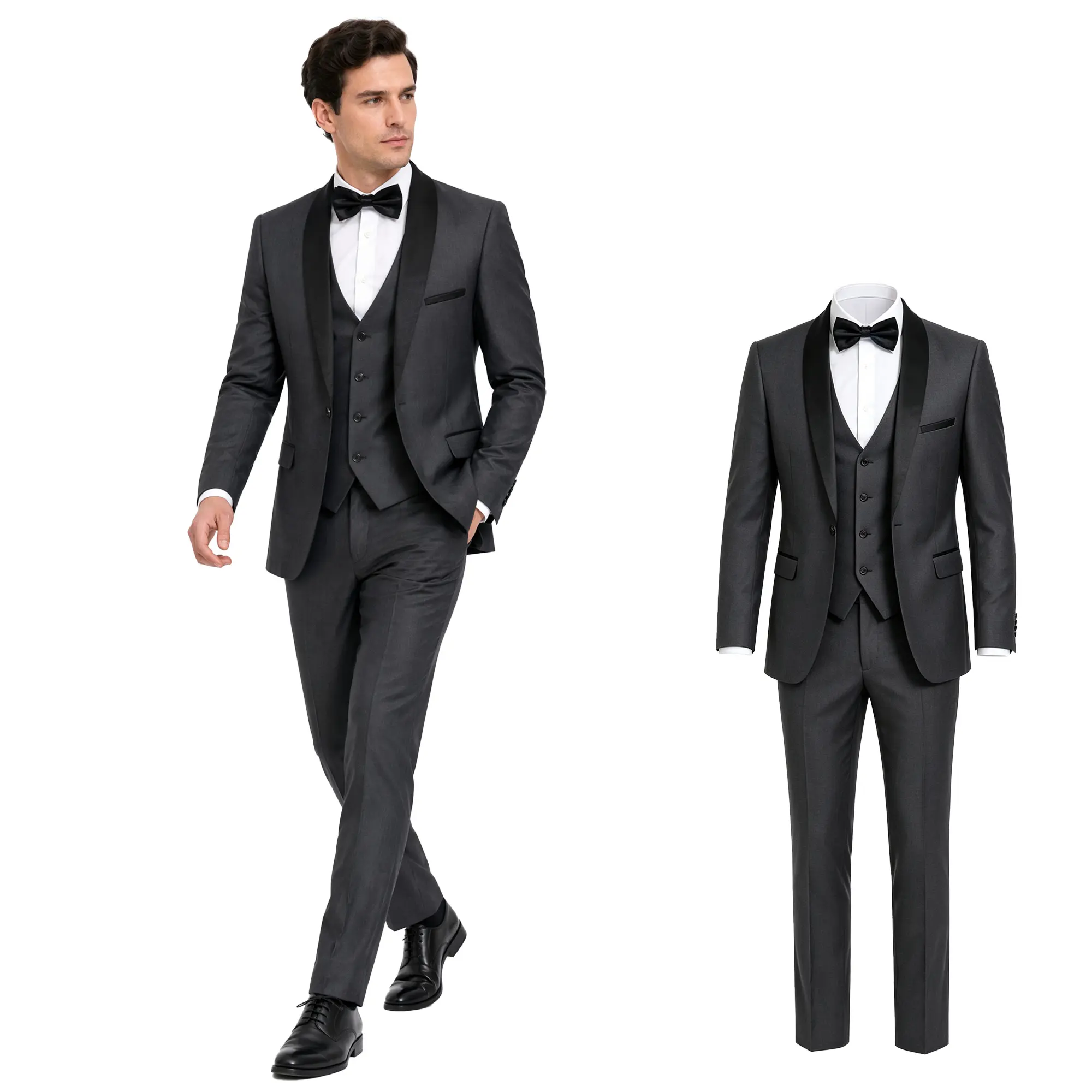 Men's Charcoal 3-Piece Satin Lapel Tuxedo Suit – Formal Blazer, Vest & Pants for Weddings