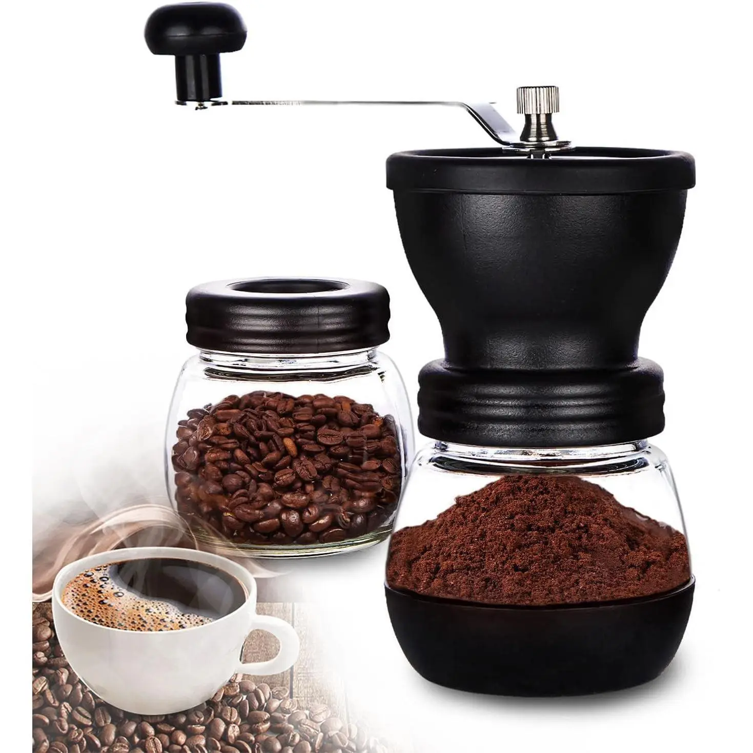 Manual Coffee Grinder, Spice Grinder Manual, Glass Jars, Ceramic Burr, Adjustable Grind, Easy to Clean, Portable Compact Design