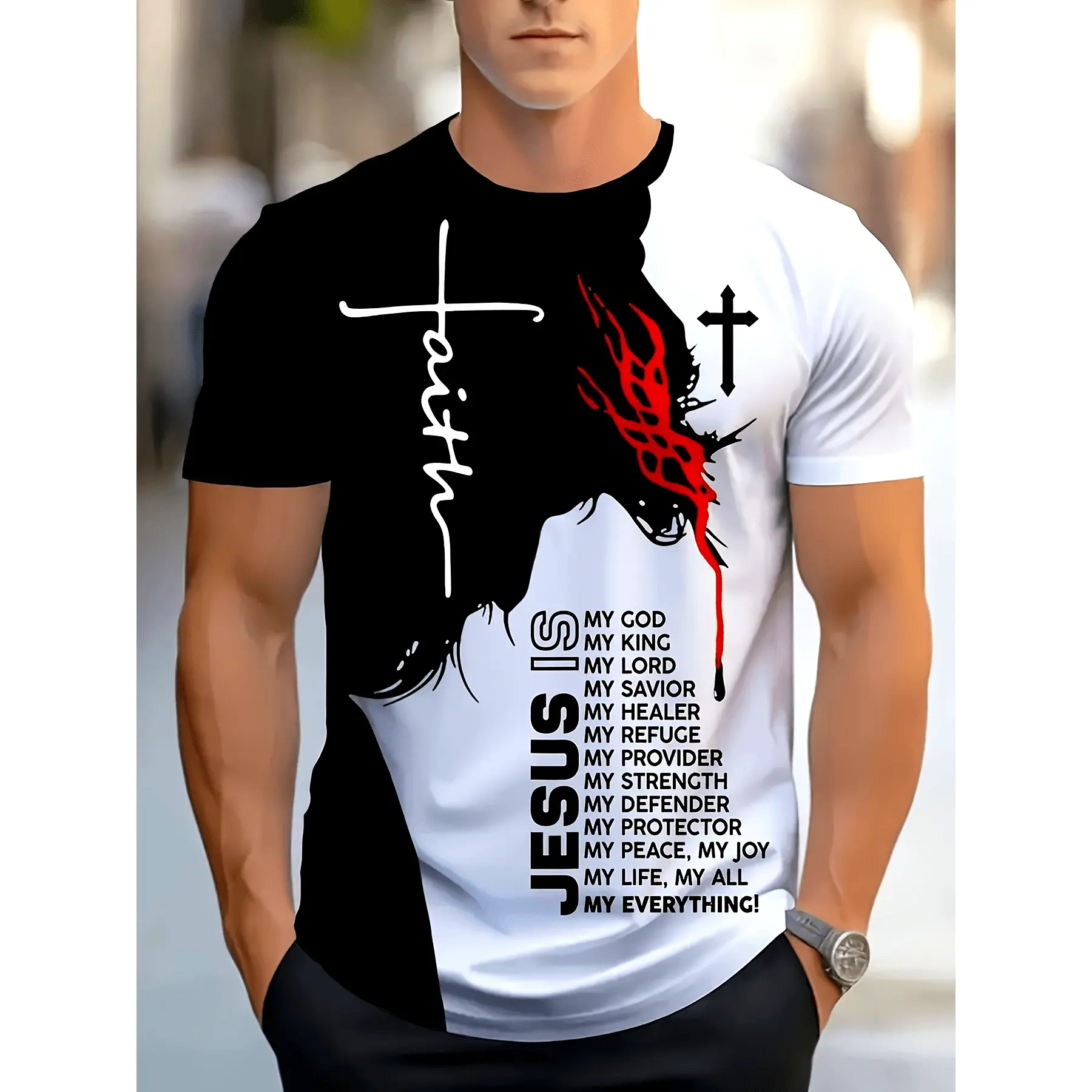 New Men's Faith Inspiration Digital Print T-Shirt - Black And White Flame And Cross Pattern Design, Casual Crew Neck, All-Season Comfort