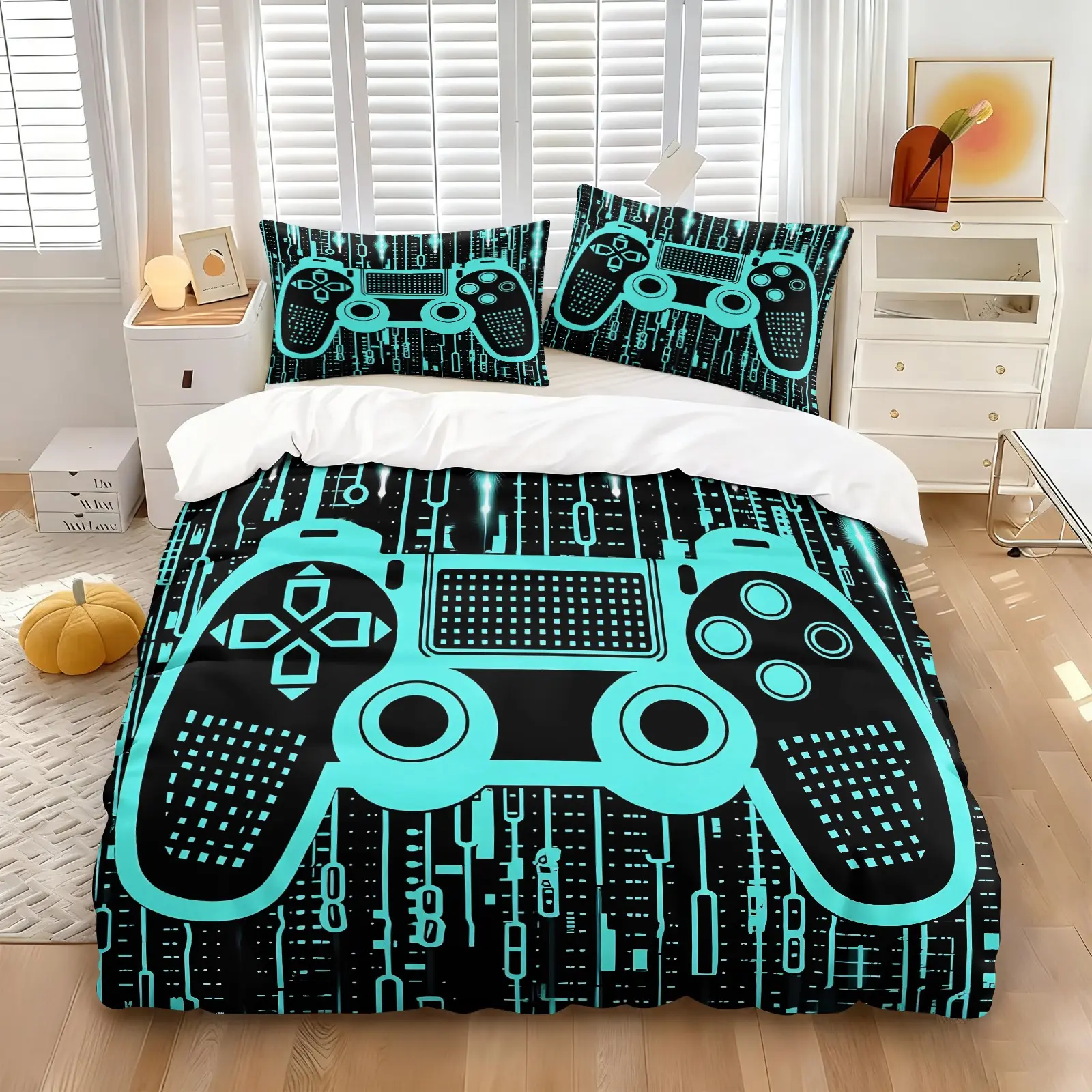 Cyan Game Controller Esports Tech Duvet Cover Set-1 Duvet & 1-2 Coreless Pillowcases-Circuit Board Pixel Code Background & Fluorescent Game Controller-Soft Easy Care Bedding-Cyberpunk Style Bedroom Decor