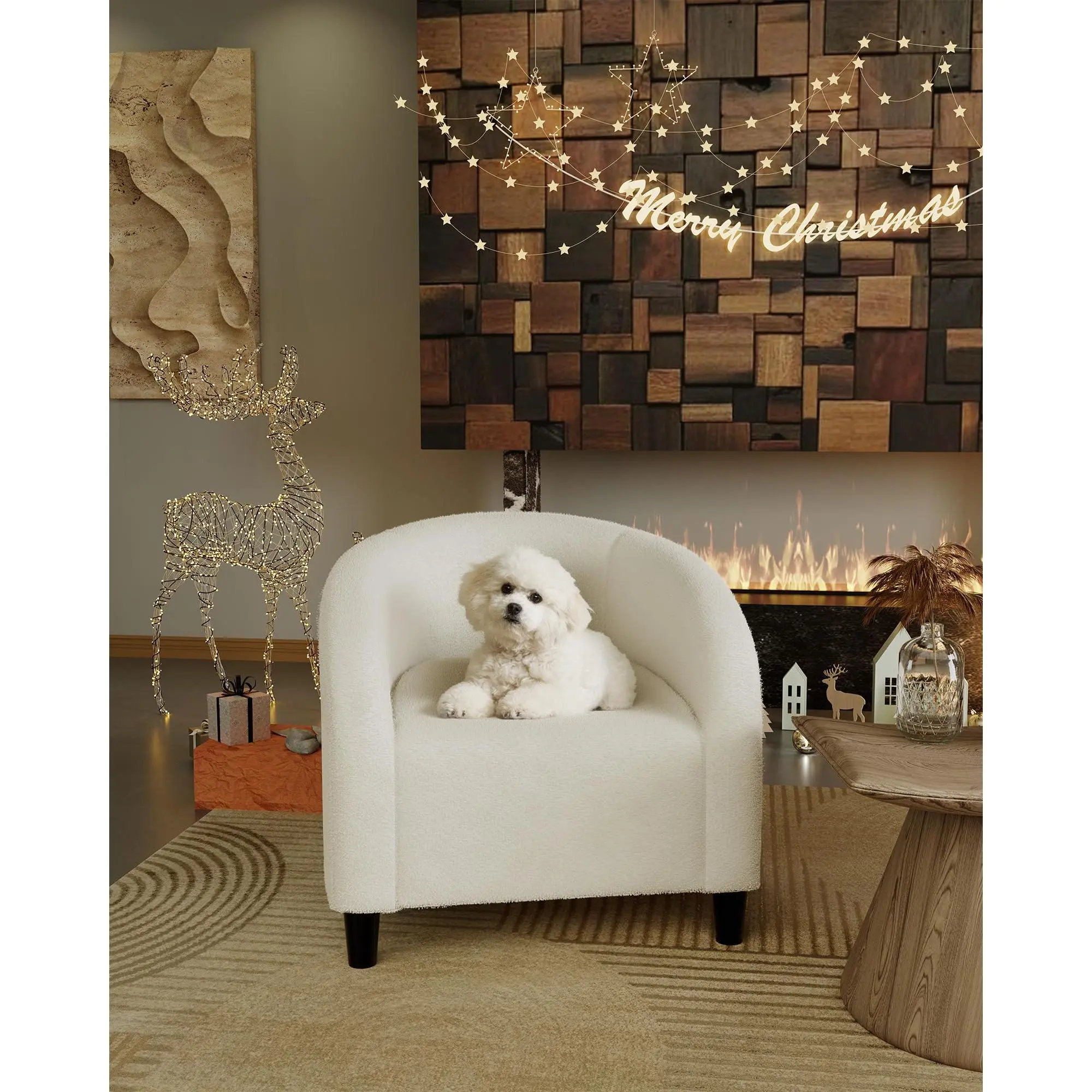 Garvee Modern Boucle Barrel Accent Chair with Curved Armrests and U Shaped Back, Upholstered Club Armchair with Padded Cushion and Sturdy Legs for Living Room