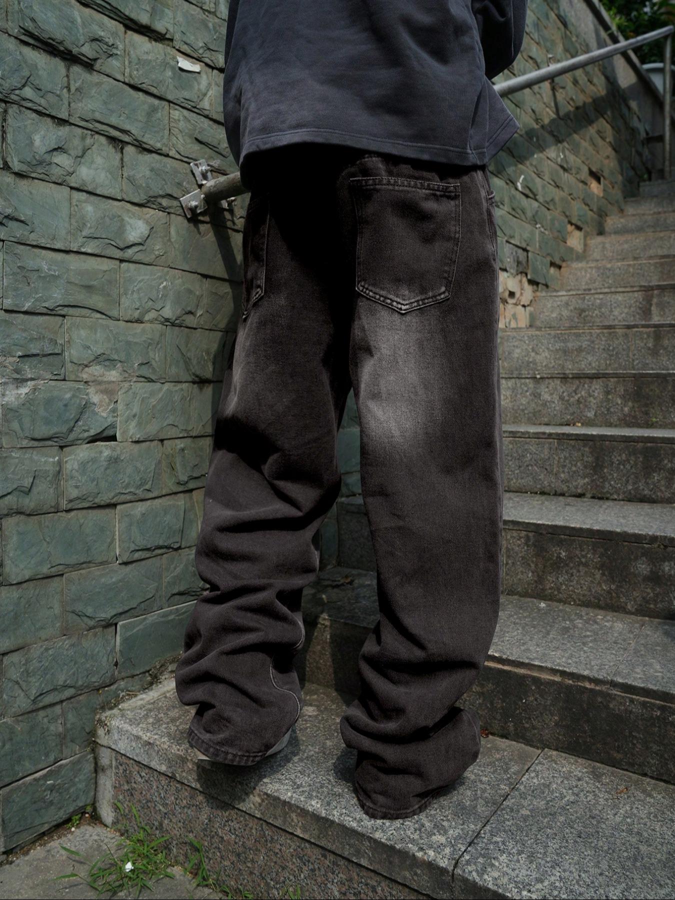 Men's Solid Button Fly Wide Leg Jeans, Loose Casual Comfy Denim Trousers for Daily Wear, Fashion Men's Bottoms for All Seasons, Denim Clothing