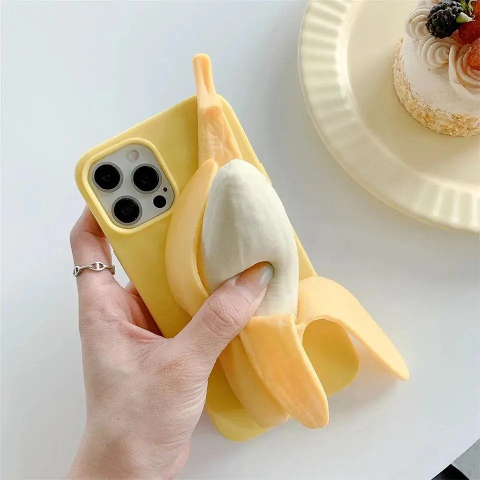 Funny 3D Stress Reliever Peeled Plush banana Phone Case For iPhone 17 16 15 14 11 12 13Pro X XS Max XR 7 8 6 Plus Silicone Cover