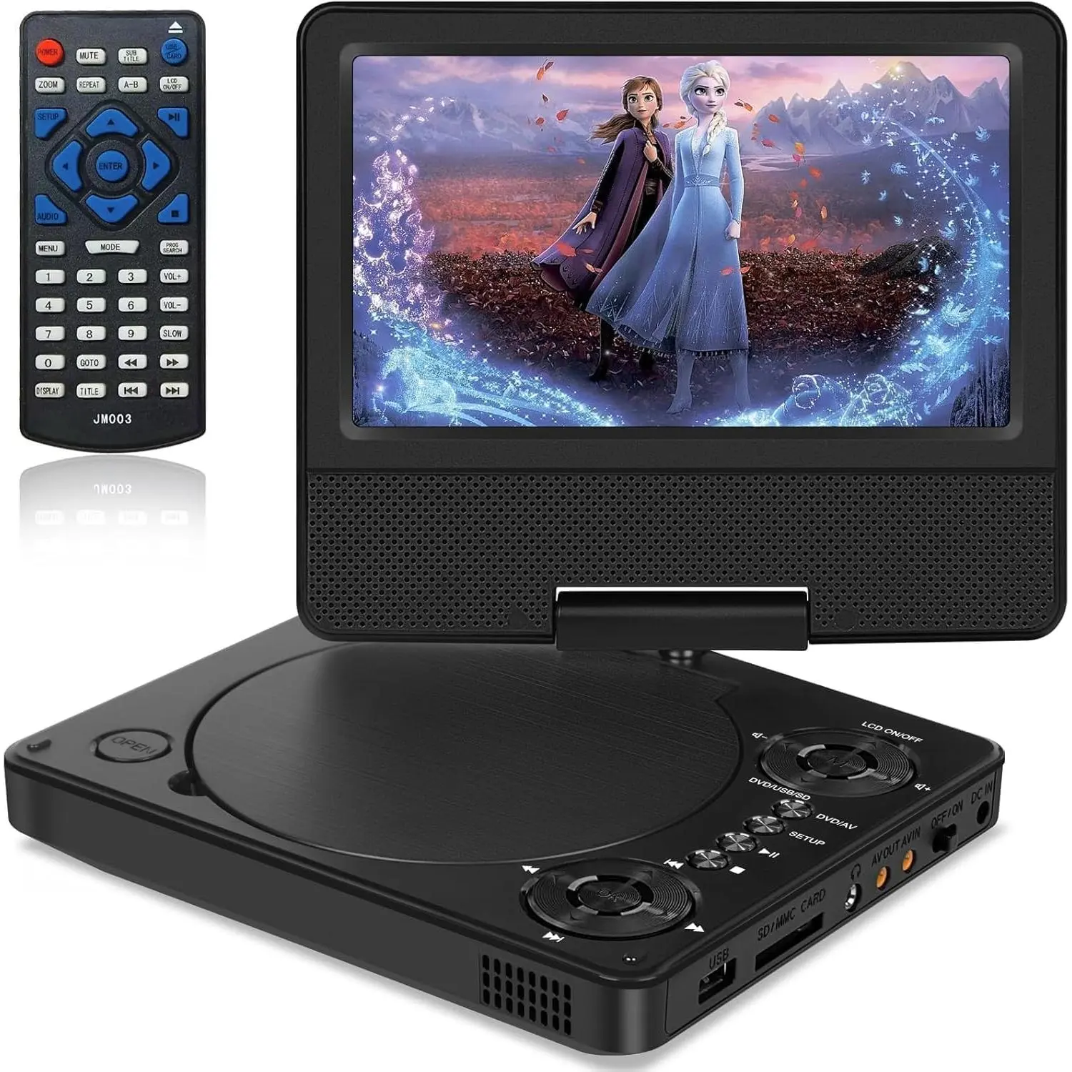 Compact Portable DVD Player for Kids & Family, 9in Body with 7in Swivel Screen, 4-6hr Battery, Stereo Built-in Speakers, Remote Control, USB/SD Memory Support, AVI & Multiple Disc Formats, TV Sync, Synthetic Components, 7 Inch
