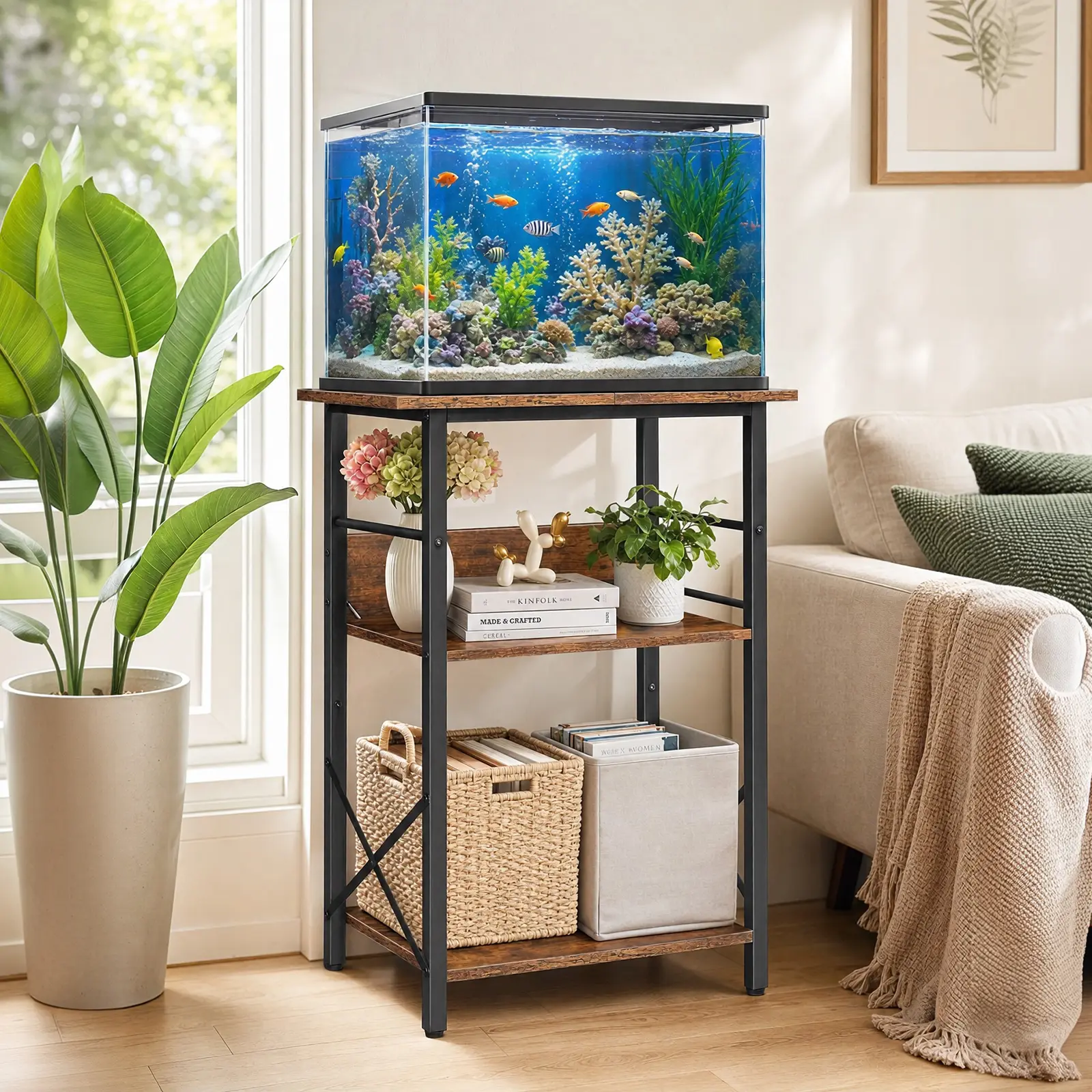 10 Gal Aquarium Stand, 3-Tier Ironwood & Metal Storage Rack, 20.5x11 in Top, Adjustable Ft, Rustic Brown Fish Tank Support Stand