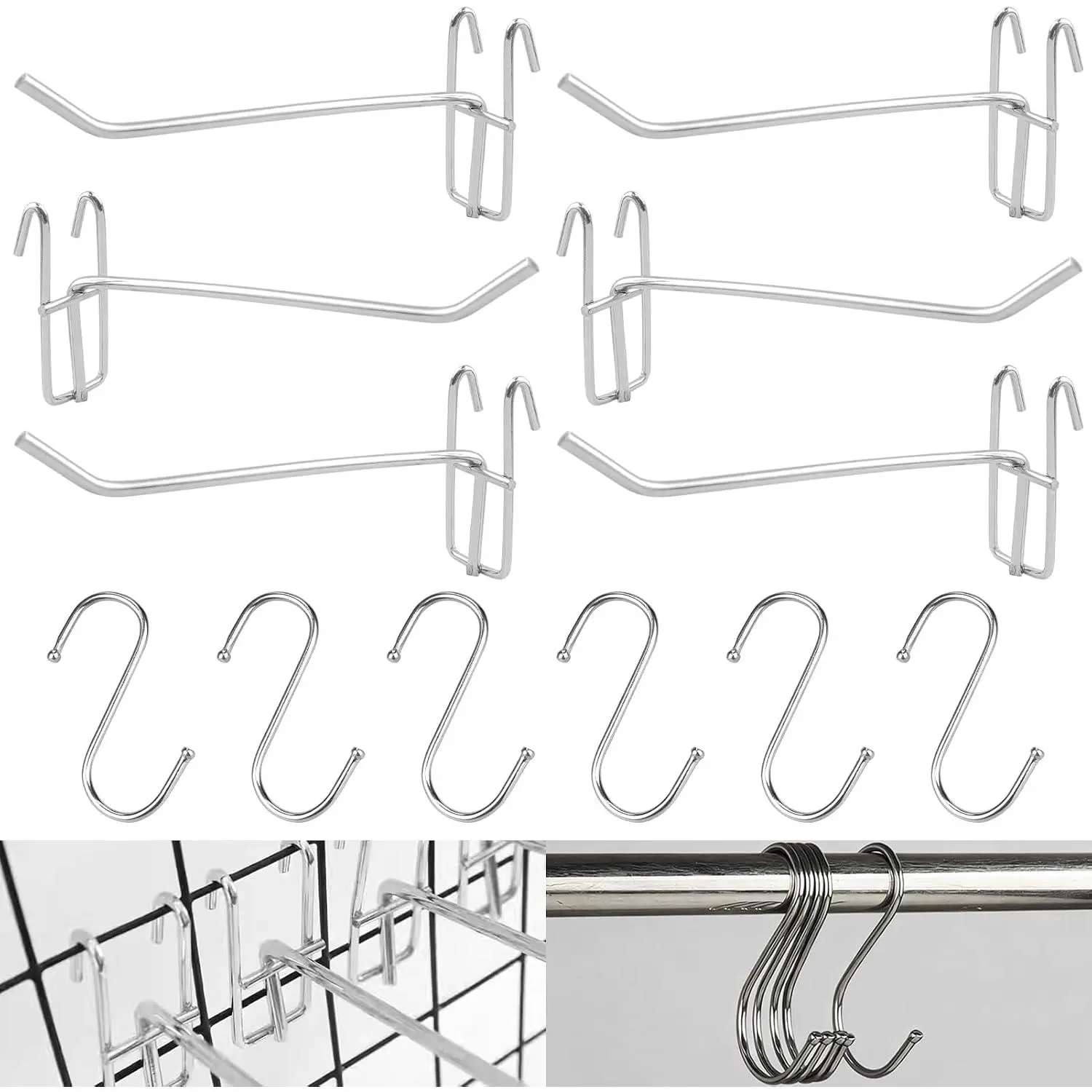 6 count 5.9" Wire Shelf Hooks and 6 count 3.15" S-Shaped Hook for Shelving Heavy Duty Metal Hooks Wire Shelving Accessories