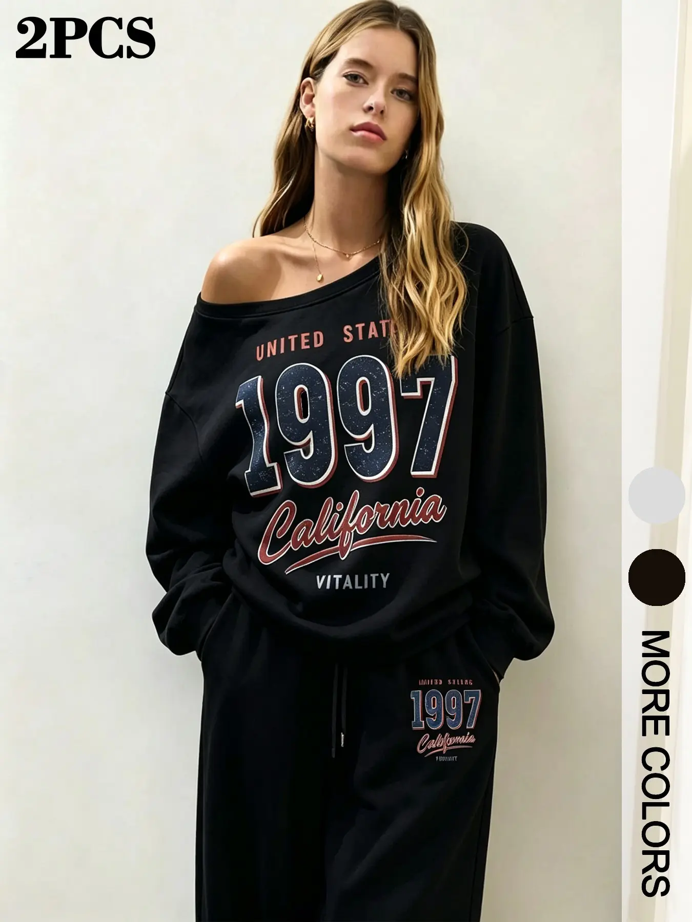 1997 California Retro Letter Asymmetrical Shoulder Sweatshirt and Wide Leg Sweatpants Set, American Casual Style, Comfortable Fabric, Spring Autumn