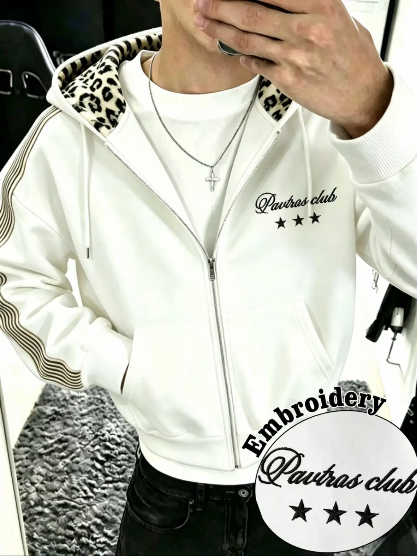Men's Streetwear Hoodie, Casual Sweatshirt Hoodie, Vintage Style Knit Open Front Sweatshirt, Plush Leopard Print, Luxury Brand Logo, Fashionable Gift